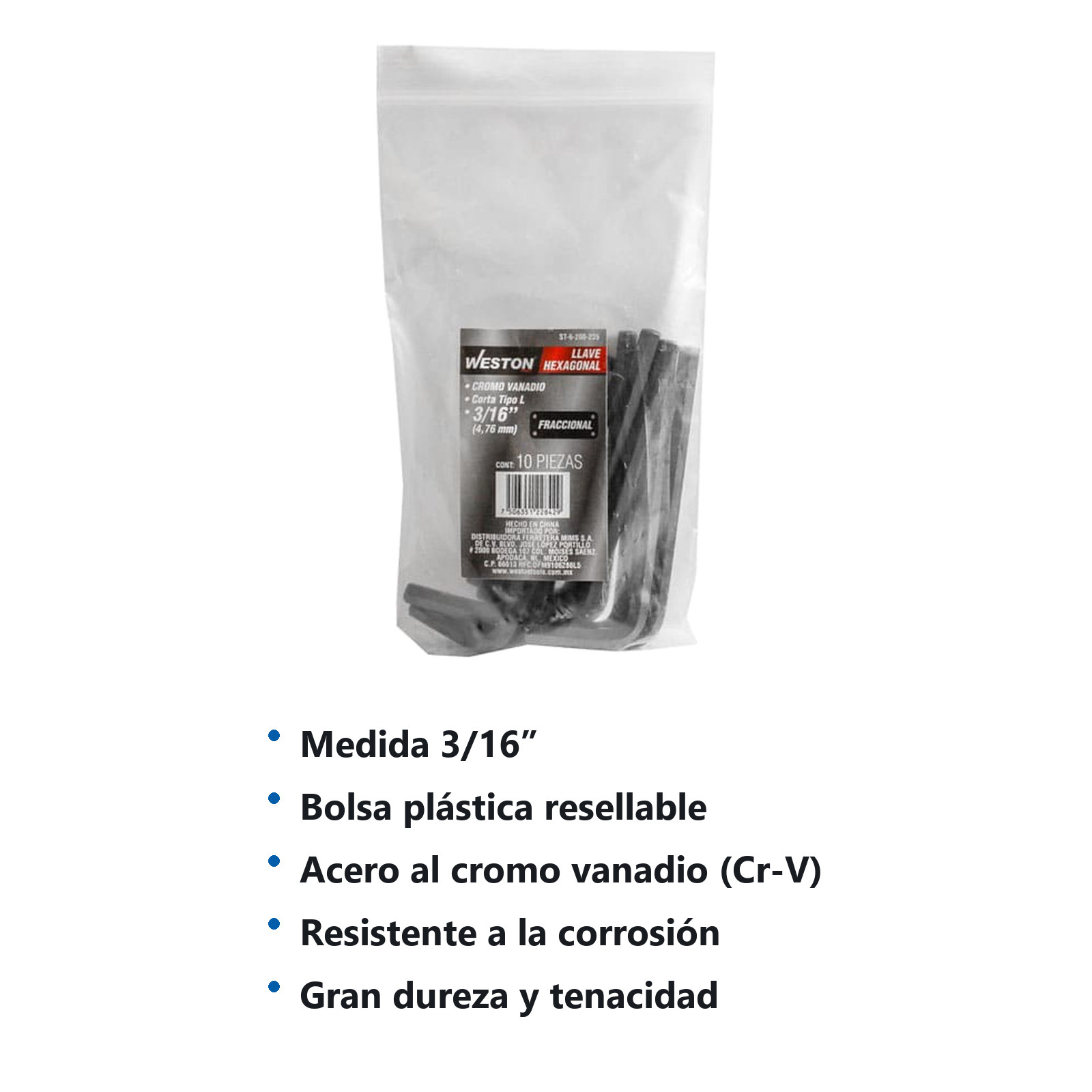 LLAVE HEXAGONAL L CORTA CrV  3/16"  (PRECIO X PZA - EMPAQUE C/10 PZAS) - Imagen 4