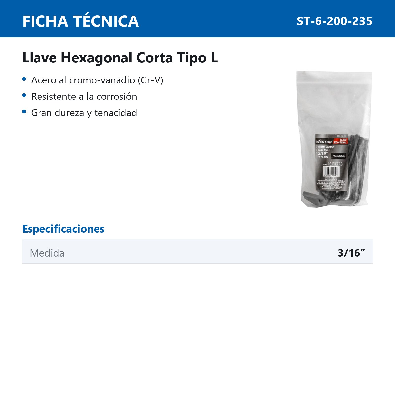 LLAVE HEXAGONAL L CORTA CrV  3/16"  (PRECIO X PZA - EMPAQUE C/10 PZAS) - Imagen 4