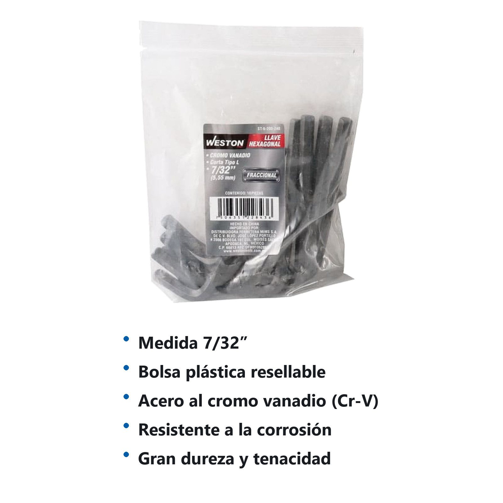 LLAVE HEXAGONAL L CORTA CrV  7/32"  (PRECIO X PZA - EMPAQUE C/10 PZAS) - Imagen 4