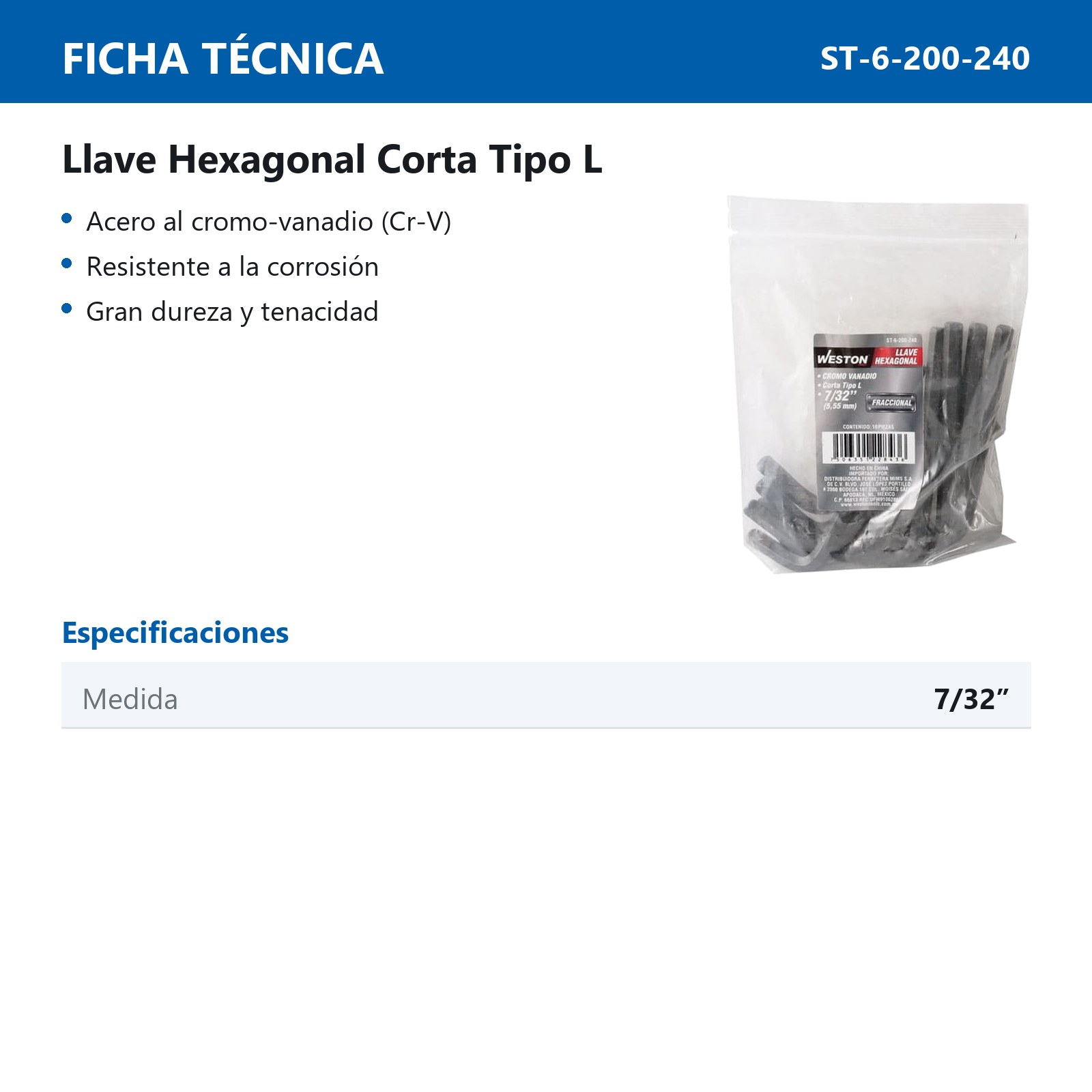 LLAVE HEXAGONAL L CORTA CrV  7/32"  (PRECIO X PZA - EMPAQUE C/10 PZAS) - Imagen 4