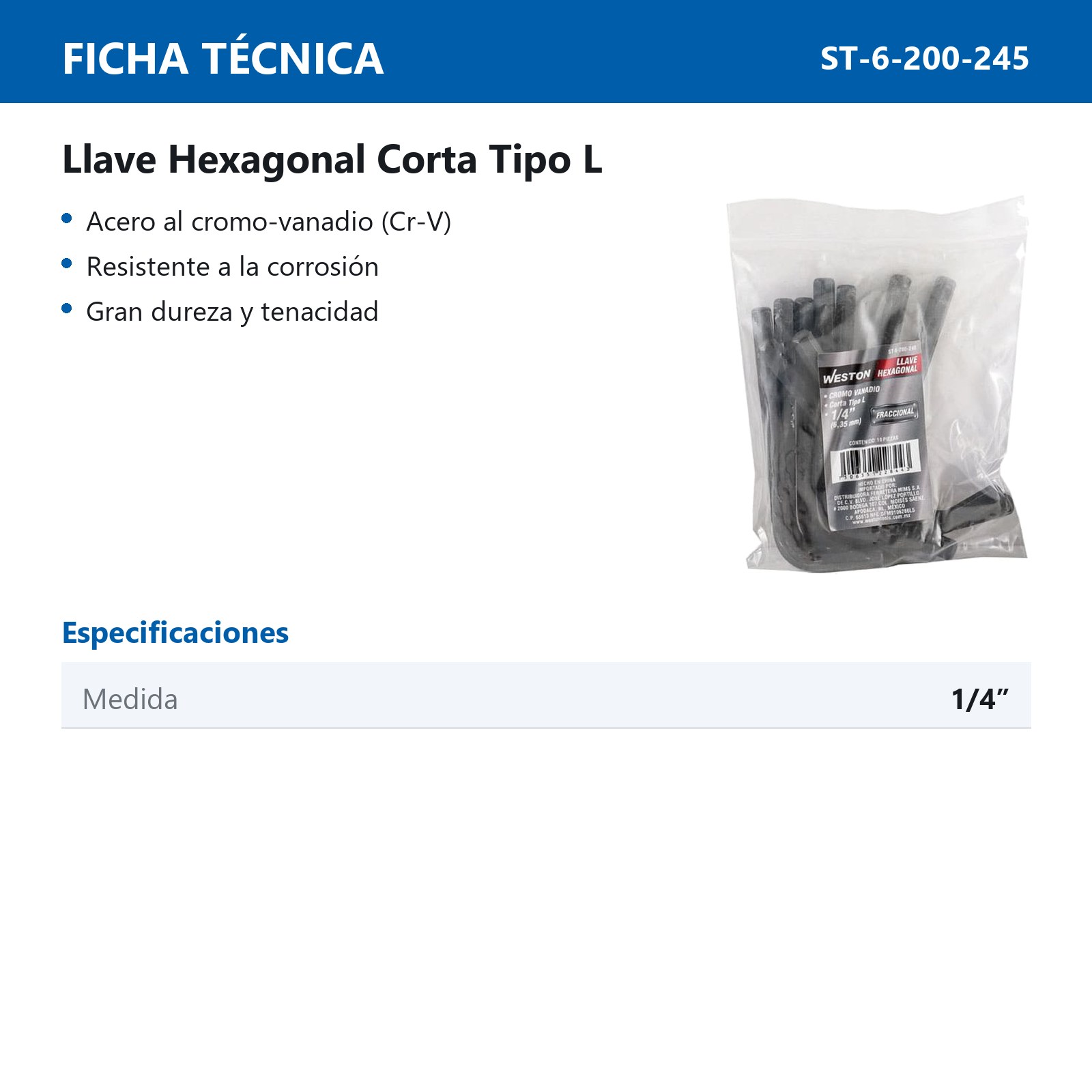 LLAVE HEXAGONAL L CORTA CrV  1/4"  (PRECIO X PZA - EMPAQUE C/10 PZAS) - Imagen 4