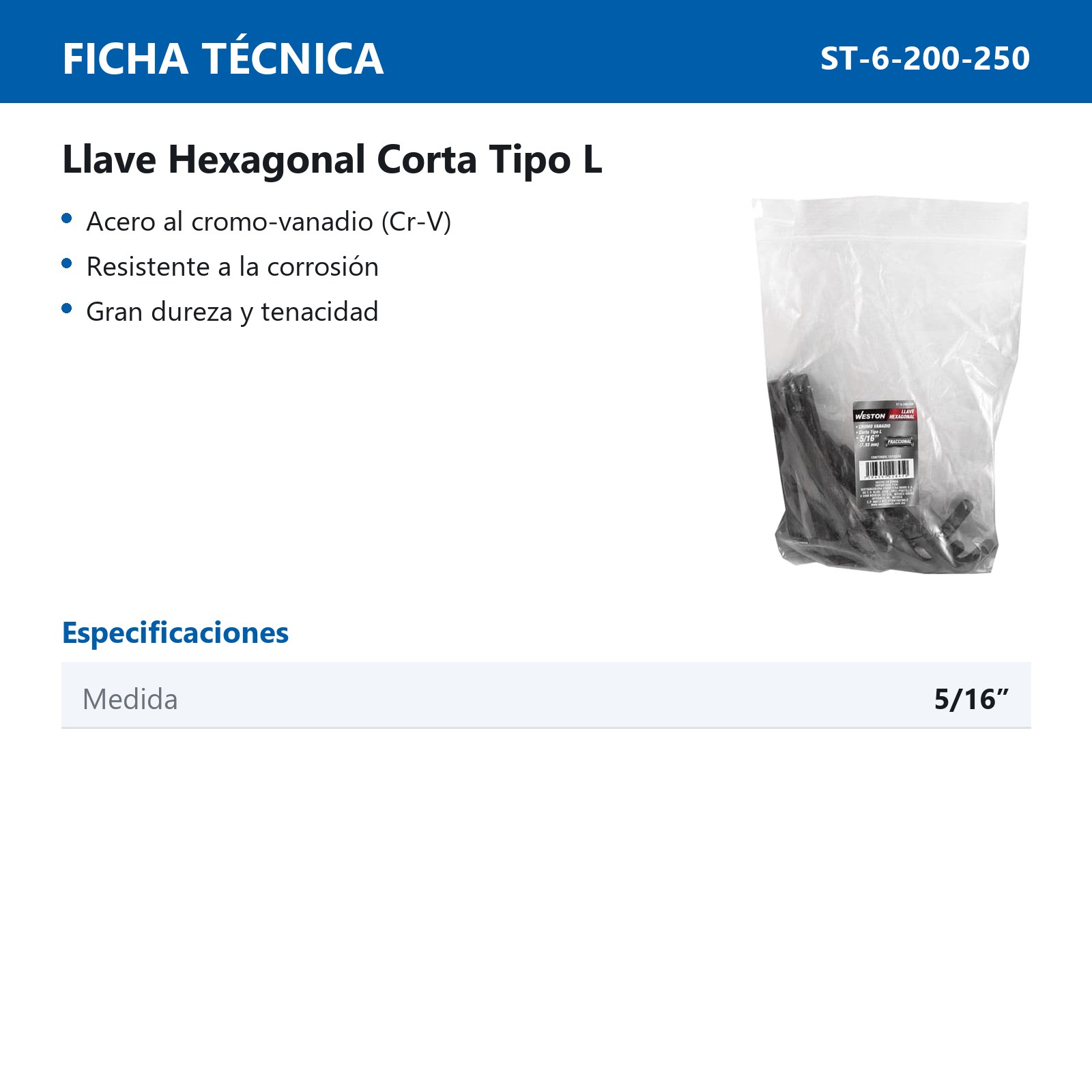 LLAVE HEXAGONAL L CORTA CrV  5/16"  (PRECIO X PZA - EMPAQUE C/10 PZAS) - Imagen 4