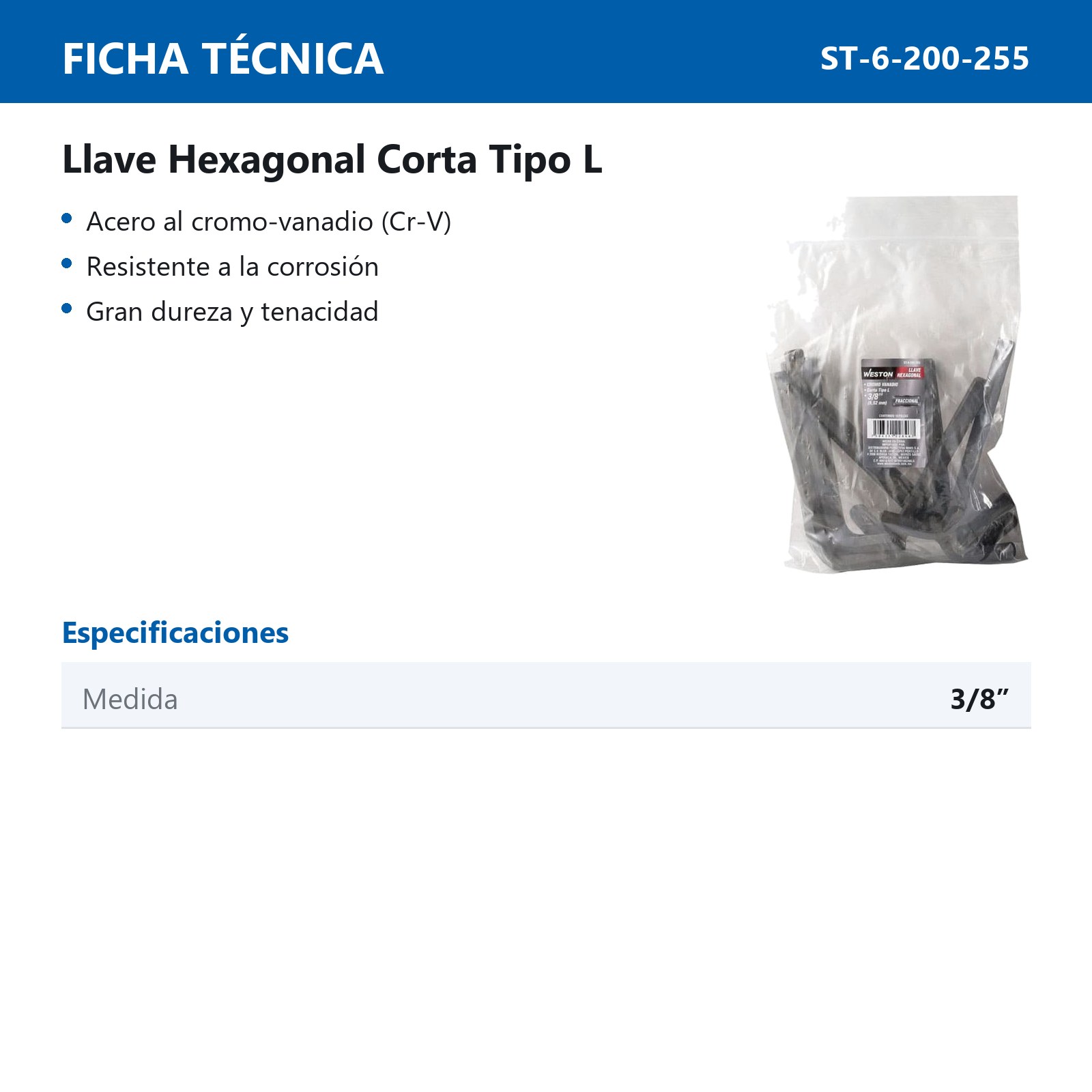 LLAVE HEXAGONAL L CORTA CrV  3/8"  (PRECIO X PZA - EMPAQUE C/10 PZAS) - Imagen 4