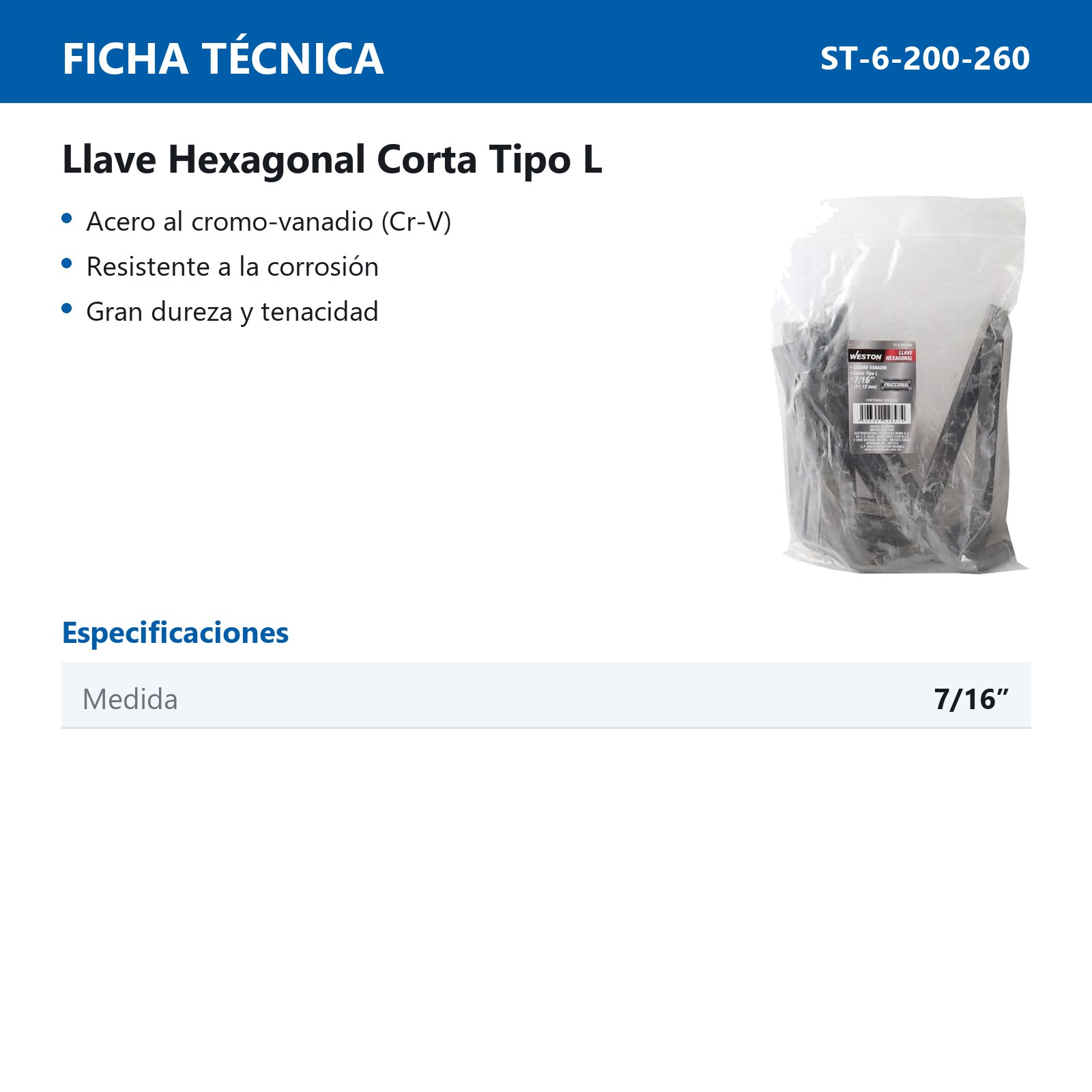 LLAVE HEXAGONAL L CORTA CrV  7/16"  (PRECIO X PZA - EMPAQUE C/10 PZAS) - Imagen 4