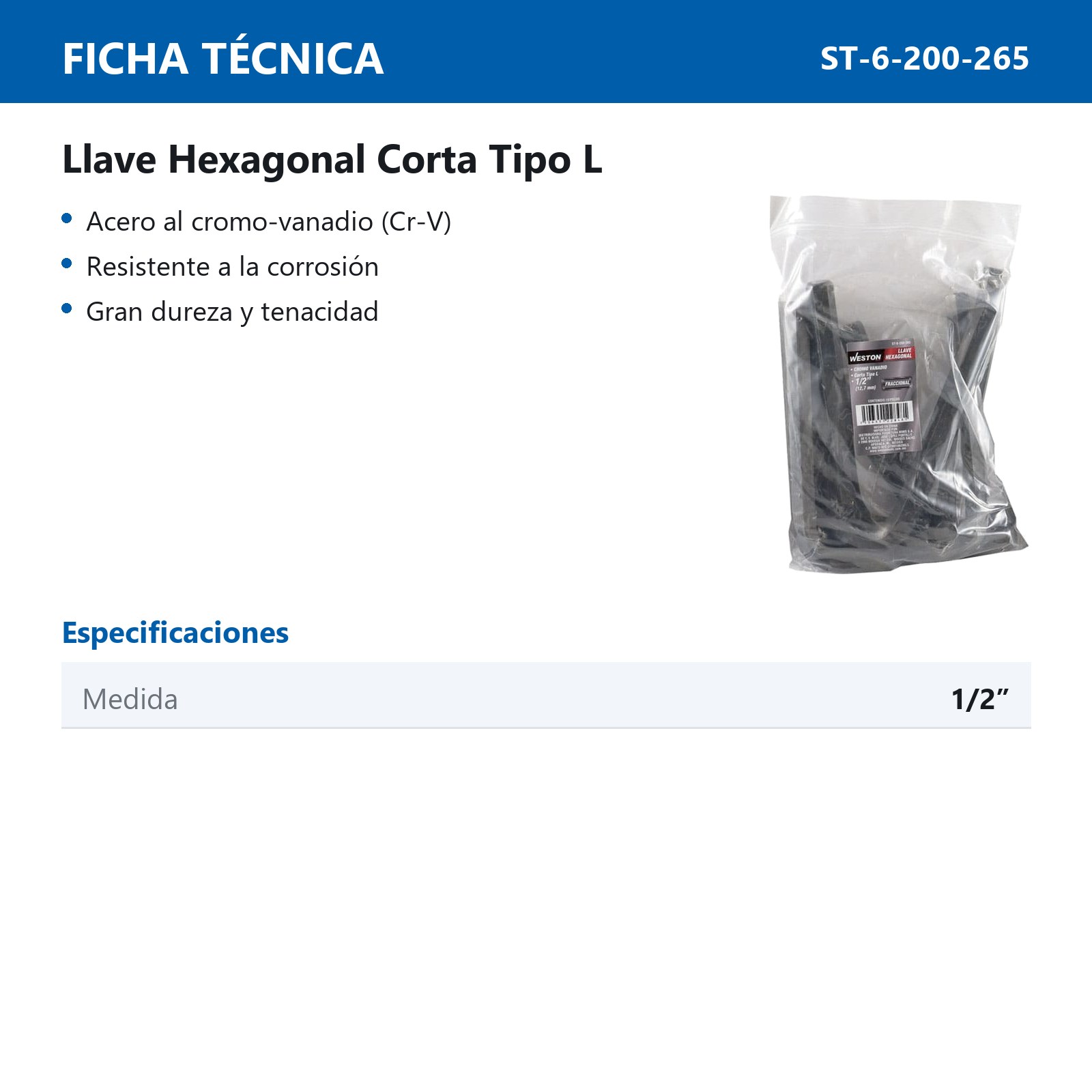 LLAVE HEXAGONAL L CORTA CrV  1/2"  (PRECIO X PZA - EMPAQUE C/10 PZAS) - Imagen 4