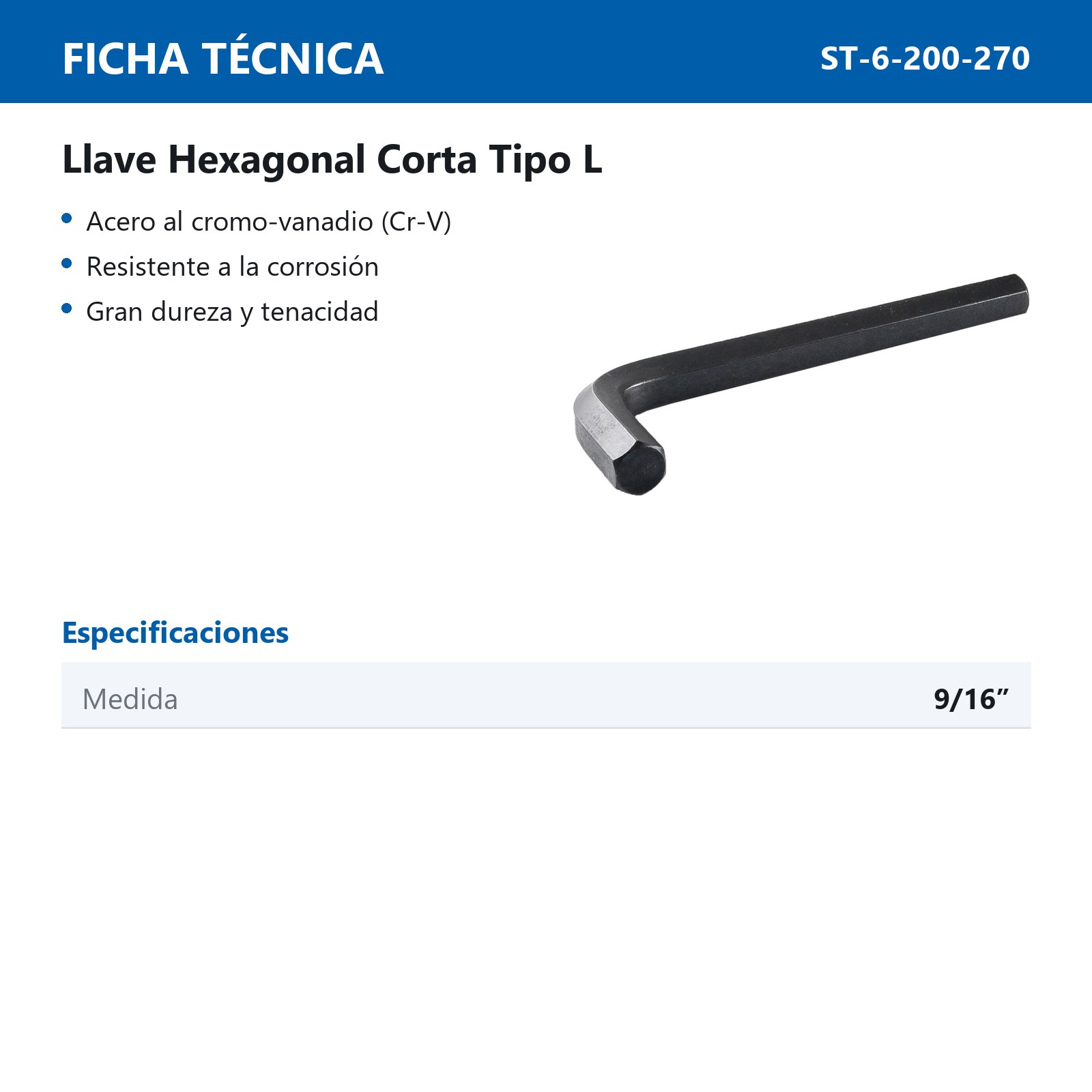 LLAVE HEXAGONAL L CORTA CrV  9/16"  (PRECIO X PZA - EMPAQUE C/5 PZAS) - Imagen 4