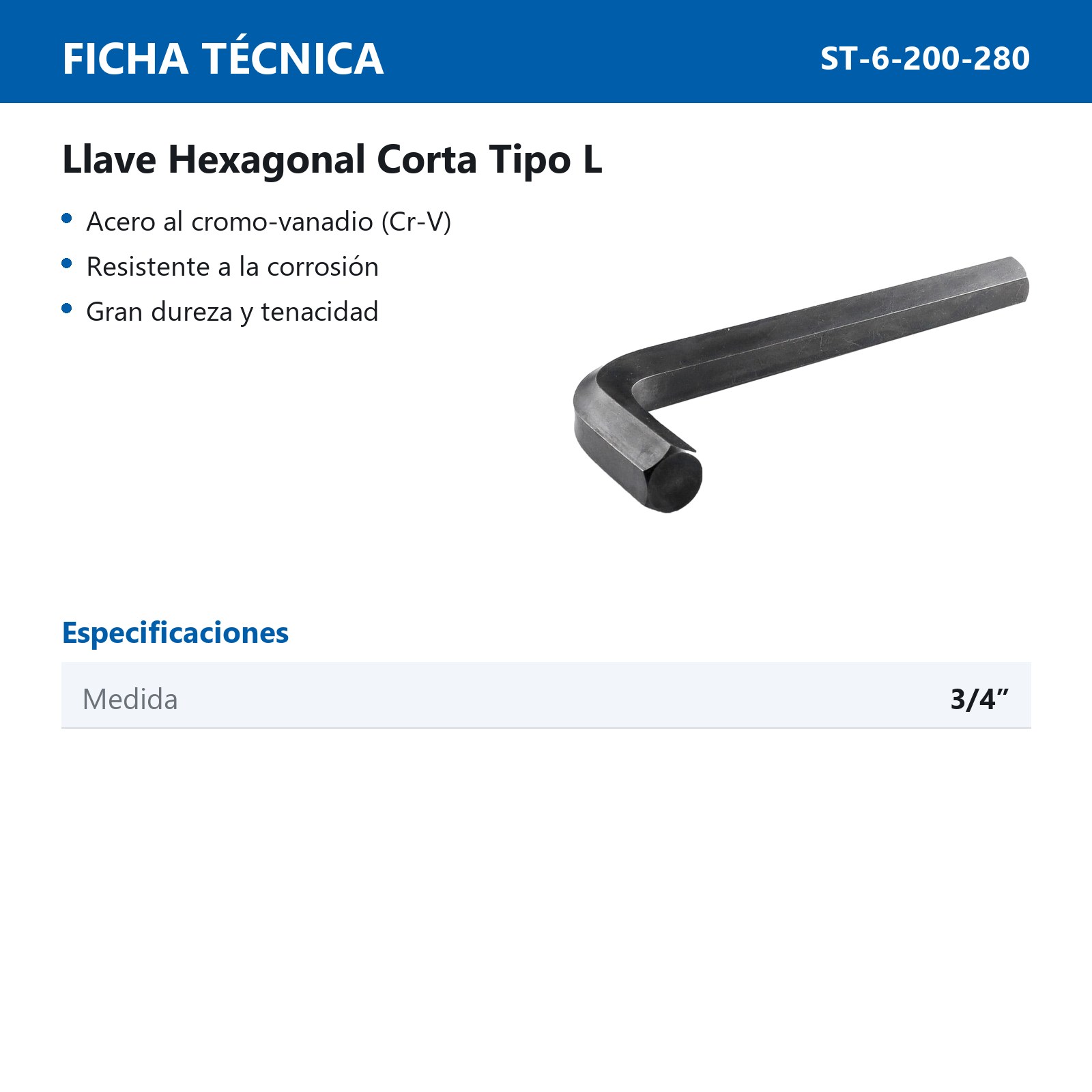 LLAVE HEXAGONAL L CORTA CrV  3/4"  (PRECIO X PZA - EMPAQUE C/5 PZAS) - Imagen 4