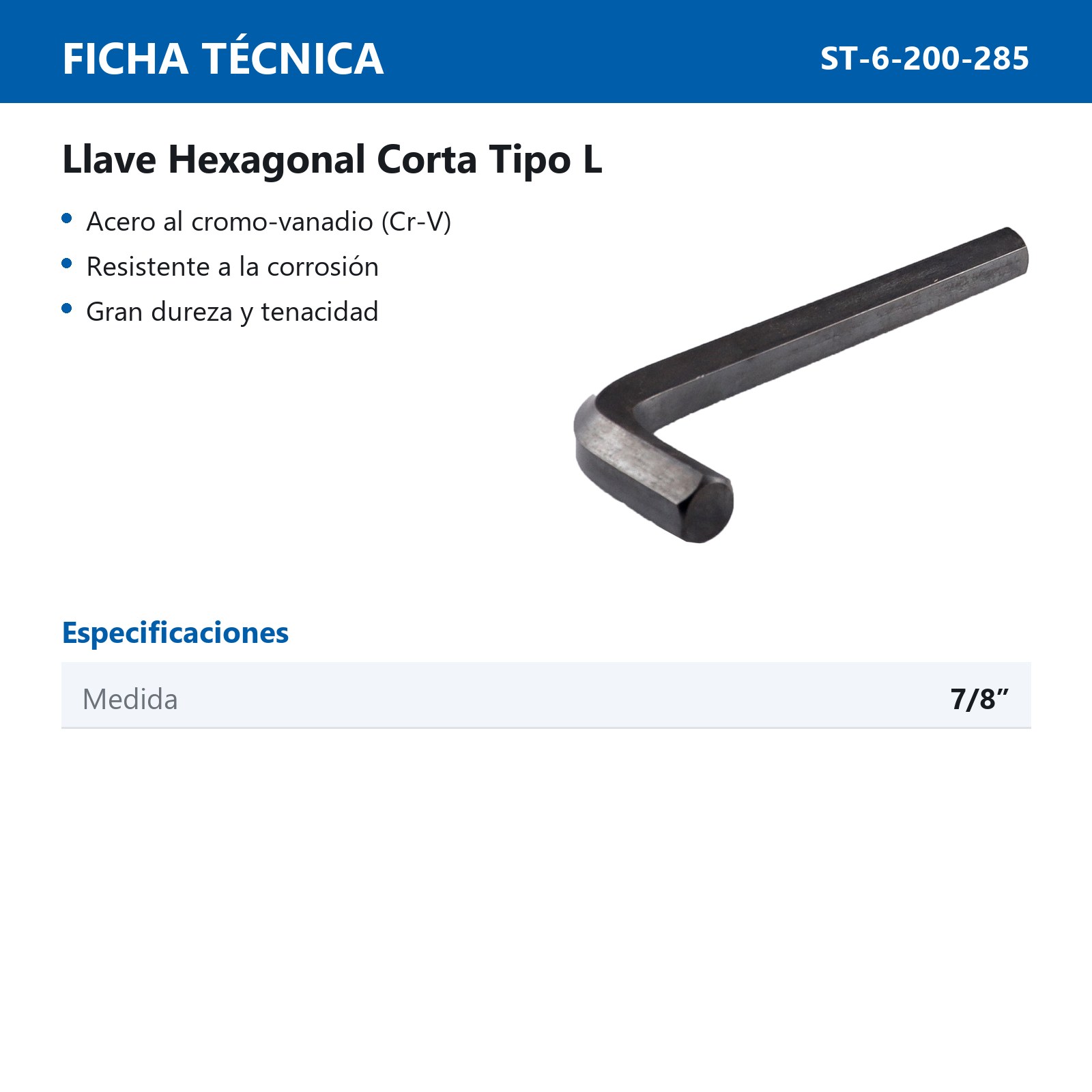 LLAVE HEXAGONAL L CORTA CrV  7/8"  (PRECIO X PZA - EMPAQUE C/1 PZA) - Imagen 3