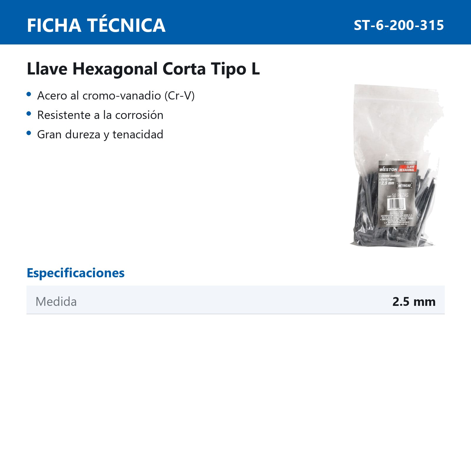 LLAVE HEXAGONAL L CORTA CrV  2,5MM  (PRECIO X PZA - EMPAQUE C/50 PZAS) - Imagen 4
