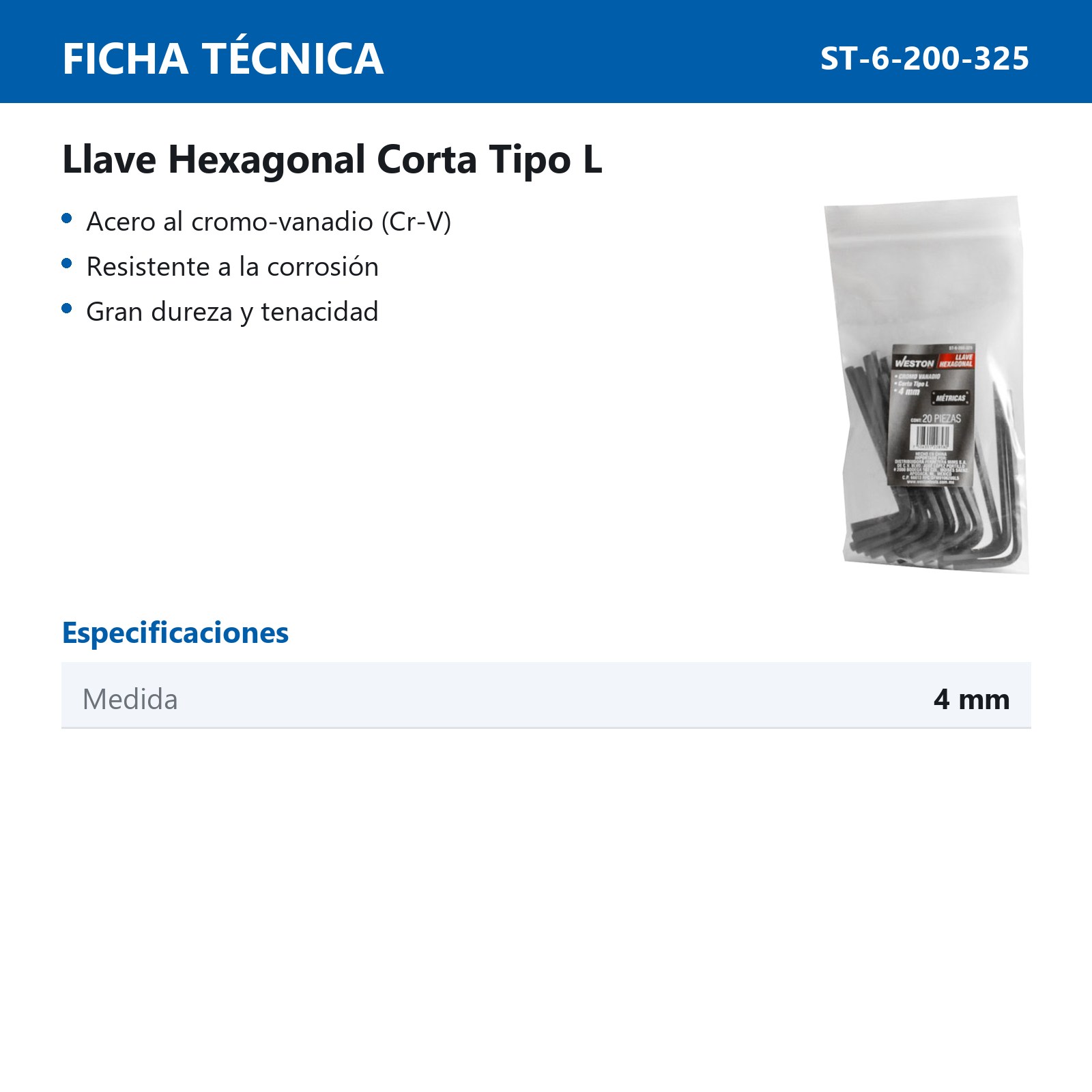 LLAVE HEXAGONAL L CORTA CrV  4MM  (PRECIO X PZA - EMPAQUE C/20 PZAS) - Imagen 4