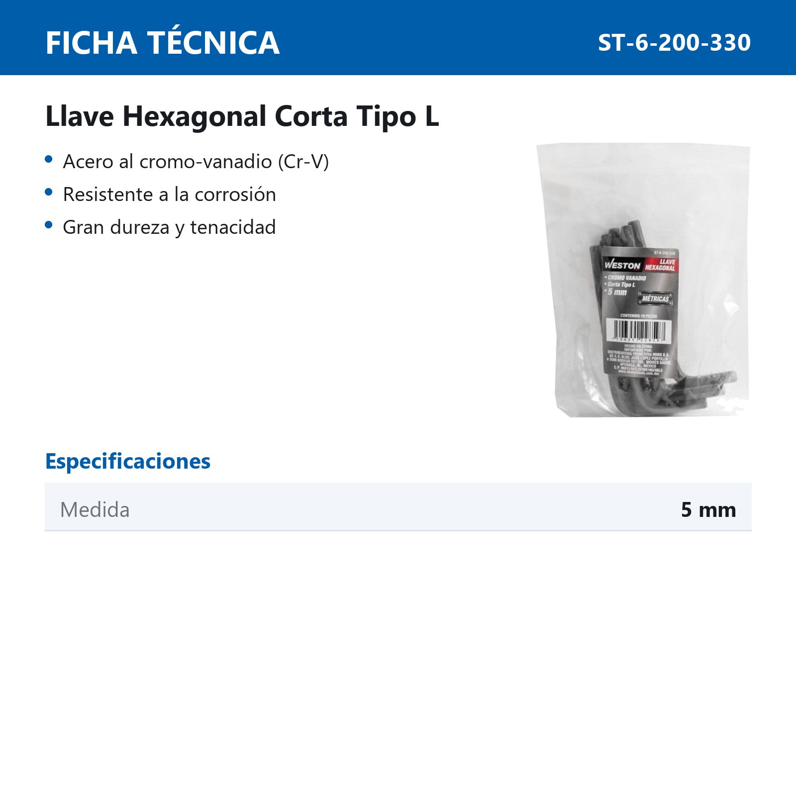 LLAVE HEXAGONAL L CORTA CrV  5MM  (PRECIO X PZA - EMPAQUE C/10 PZAS) - Imagen 4