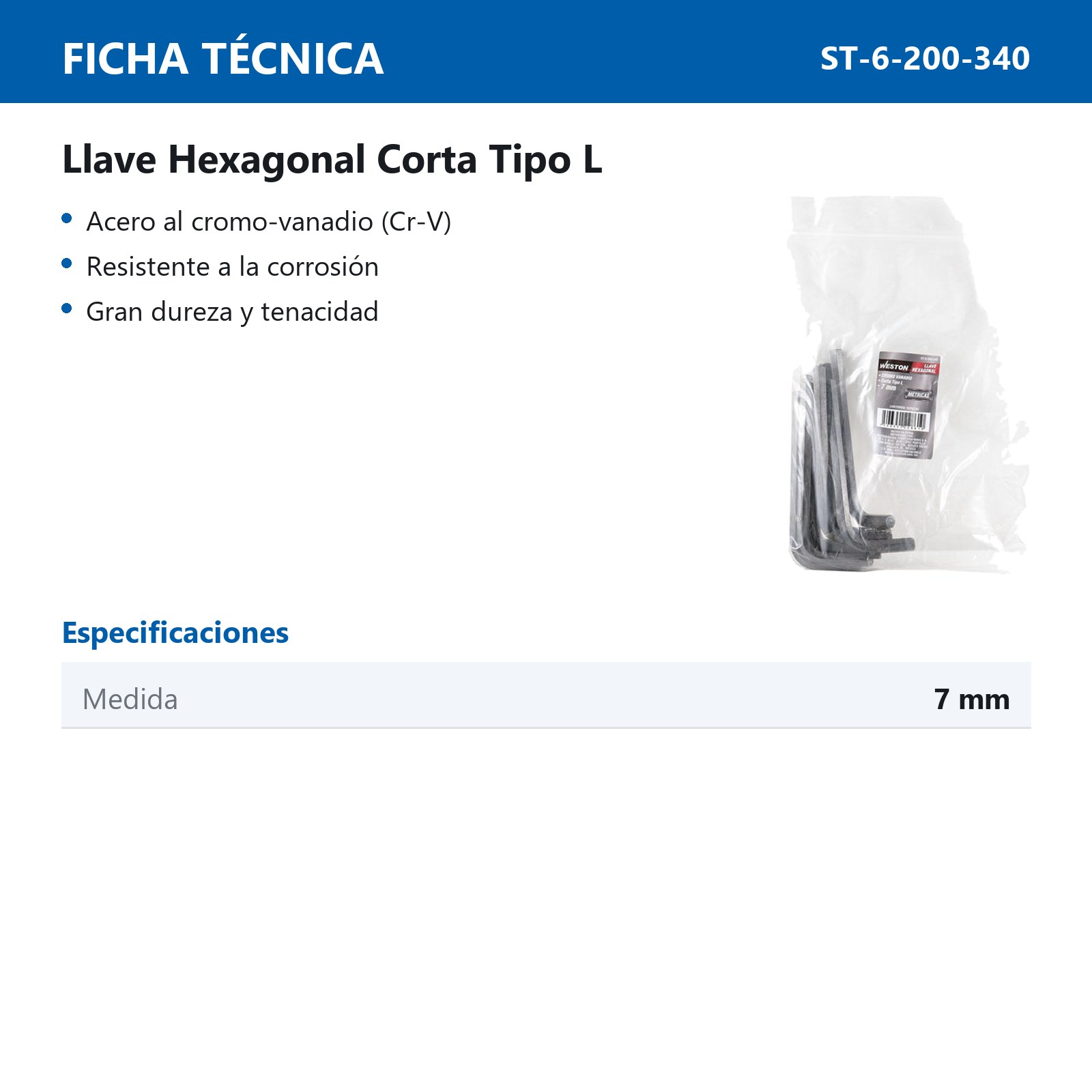 LLAVE HEXAGONAL L CORTA CrV  7MM  (PRECIO X PZA - EMPAQUE C/10 PZAS) - Imagen 4