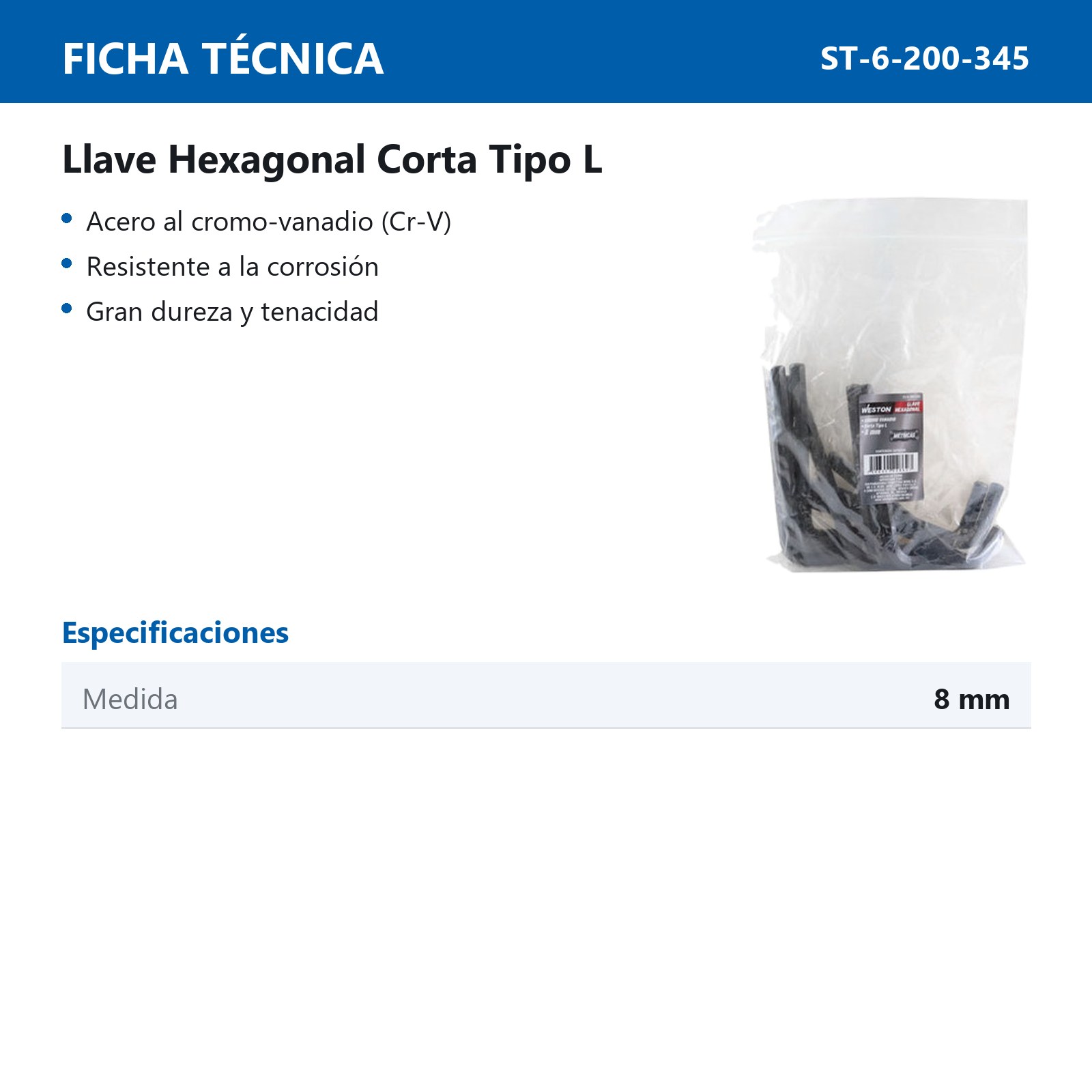 LLAVE HEXAGONAL L CORTA CrV  8MM  (PRECIO X PZA - EMPAQUE C/10 PZAS) - Imagen 4