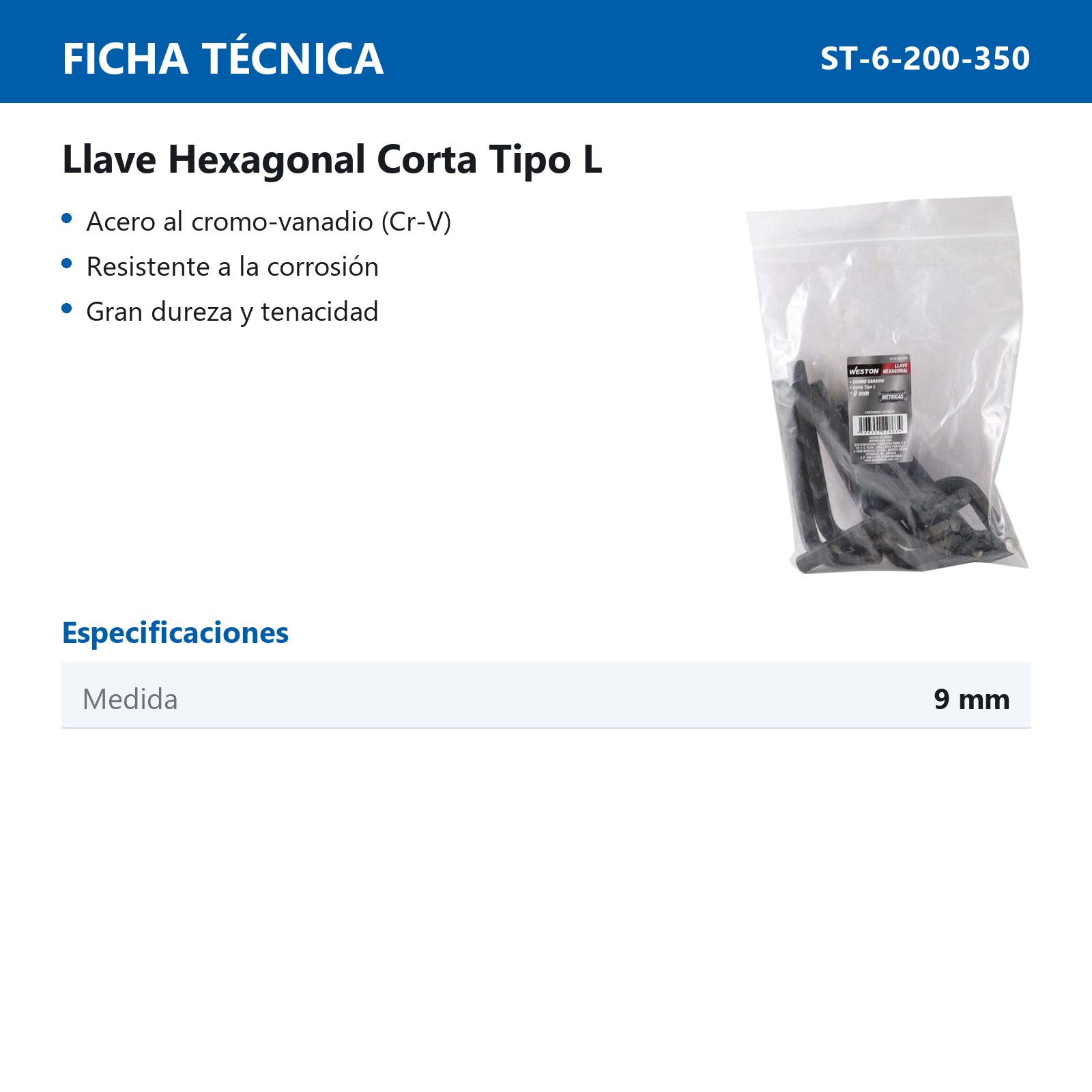 LLAVE HEXAGONAL L CORTA CrV  9MM  (PRECIO X PZA - EMPAQUE C/10 PZAS) - Imagen 4