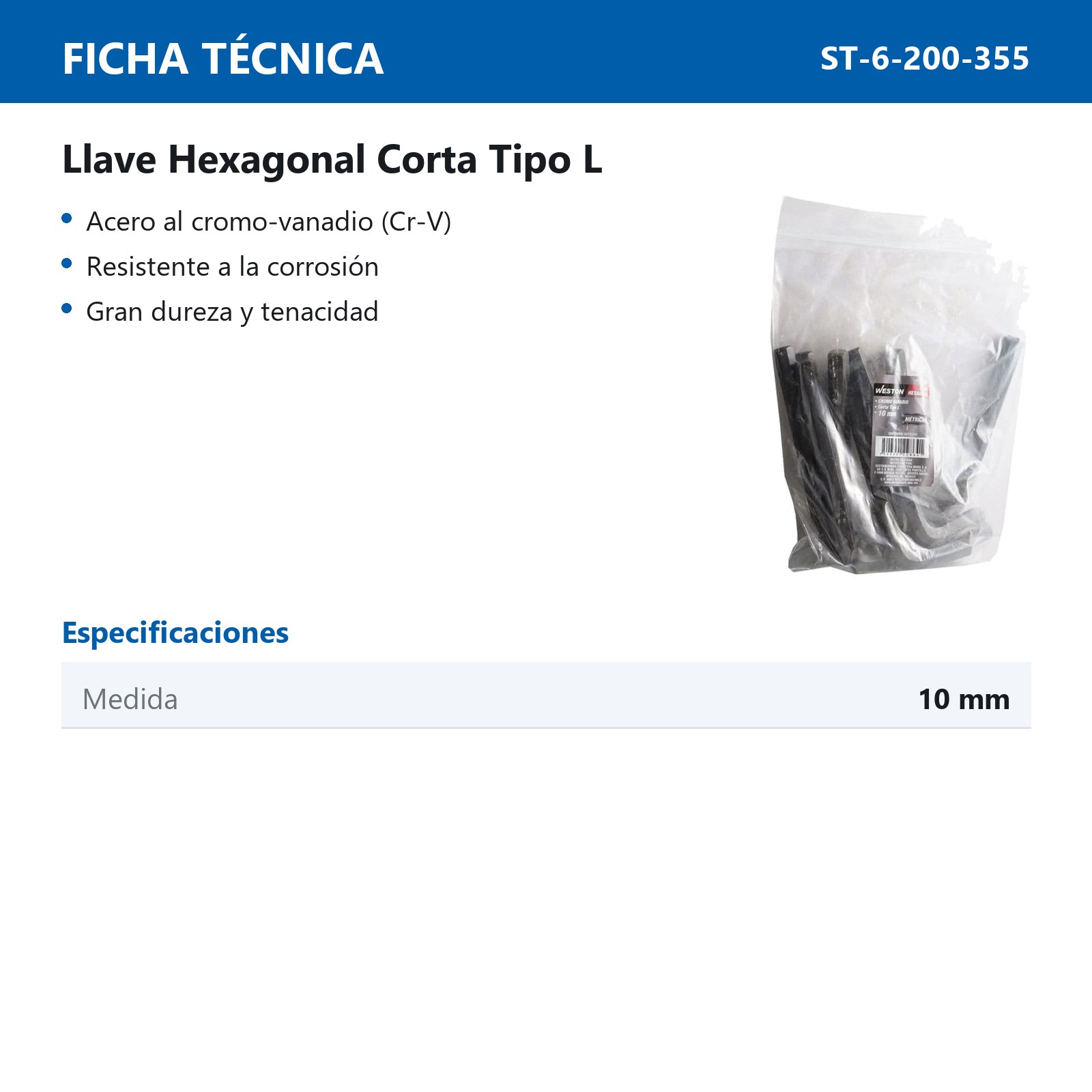 LLAVE HEXAGONAL L CORTA CrV  10MM  (PRECIO X PZA - EMPAQUE C/10 PZAS) - Imagen 3