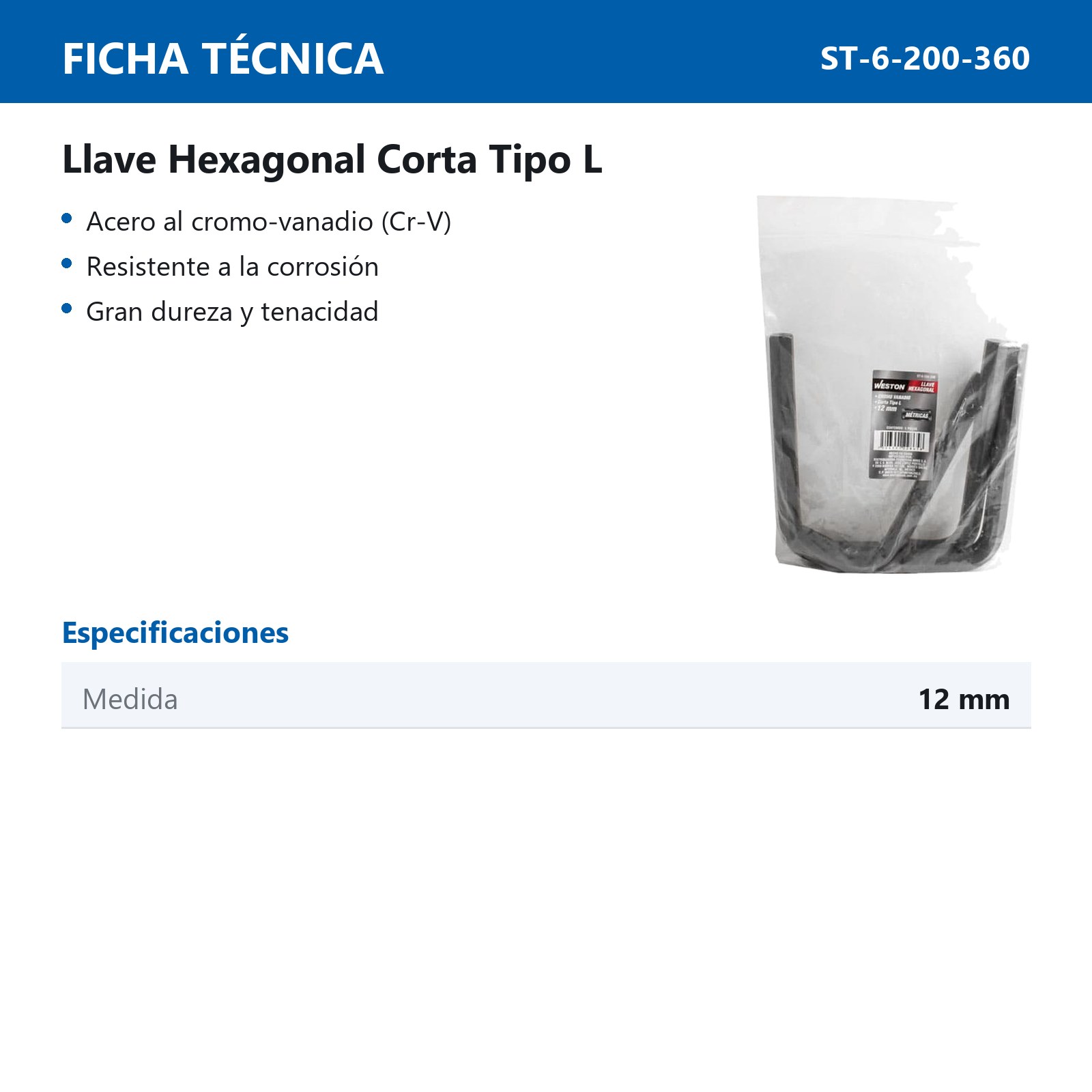 LLAVE HEXAGONAL L CORTA CrV  12MM  (PRECIO X PZA - EMPAQUE C/10 PZAS) - Imagen 4
