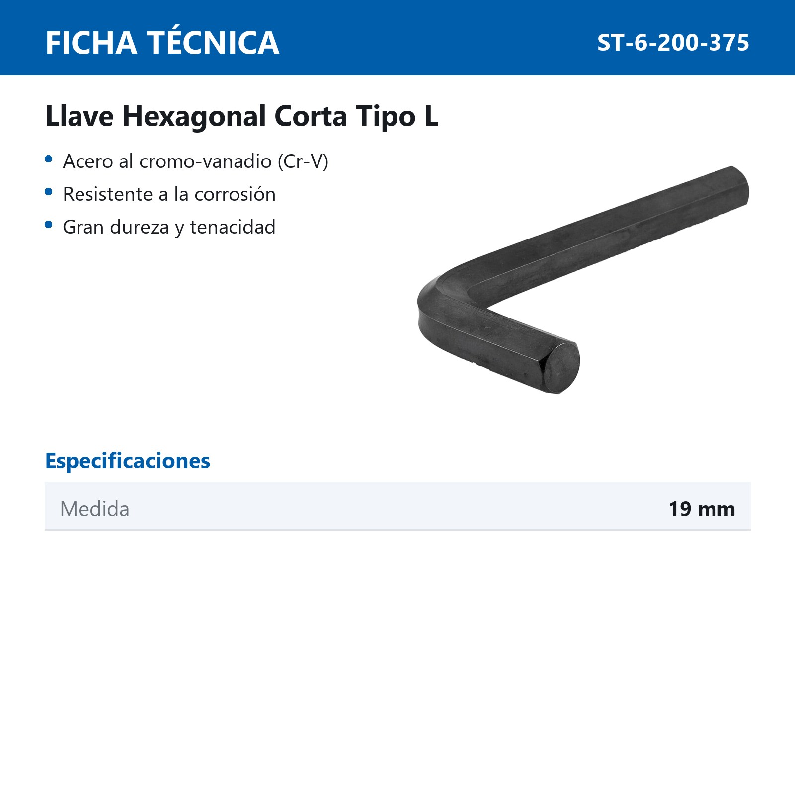 LLAVE HEXAGONAL L CORTA CrV  19MM  (PRECIO X PZA - EMPAQUE C/1 PZA) - Imagen 3
