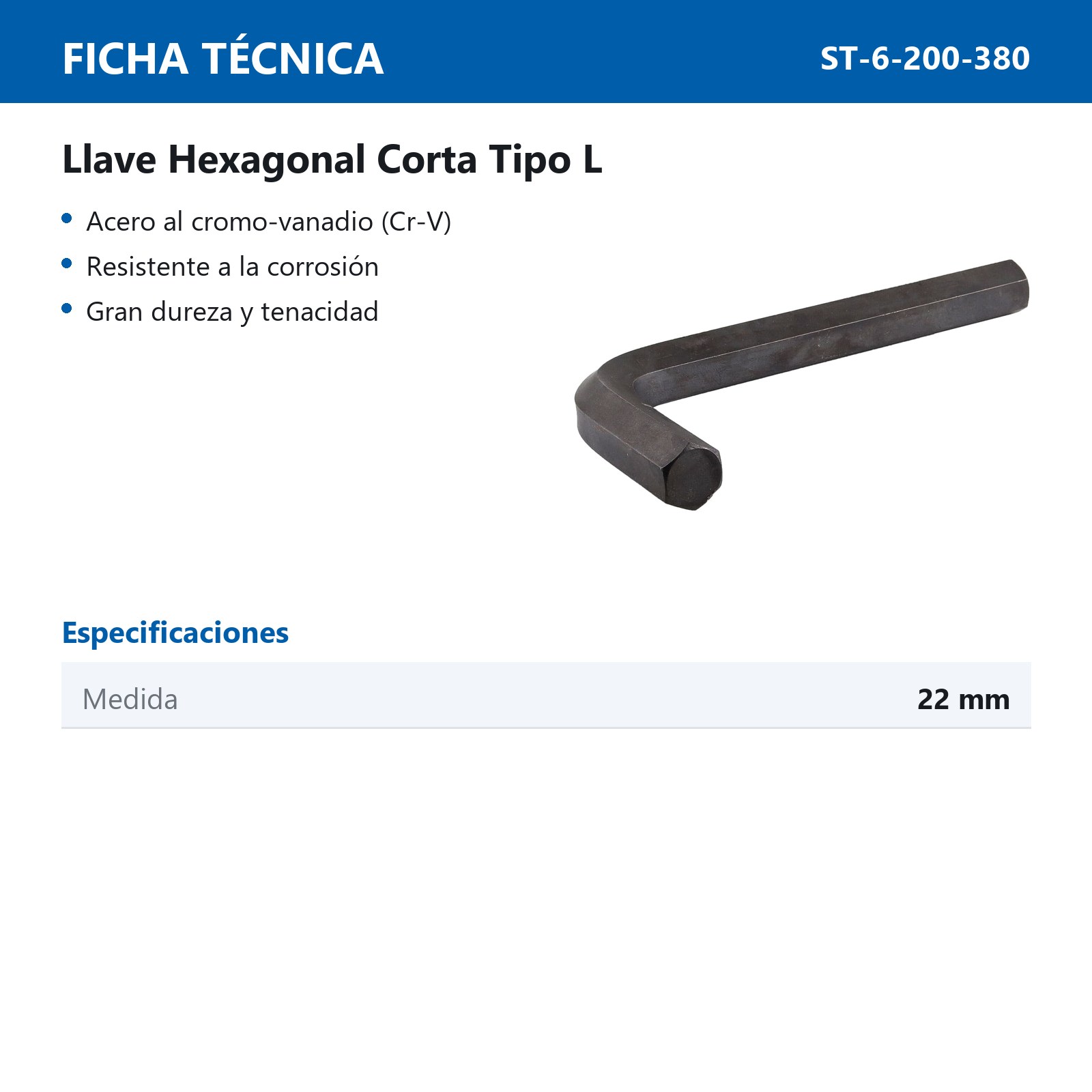 LLAVE HEXAGONAL L CORTA 22MM  (PRECIO X PZA - EMPAQUE C/1 PZA) - Imagen 3