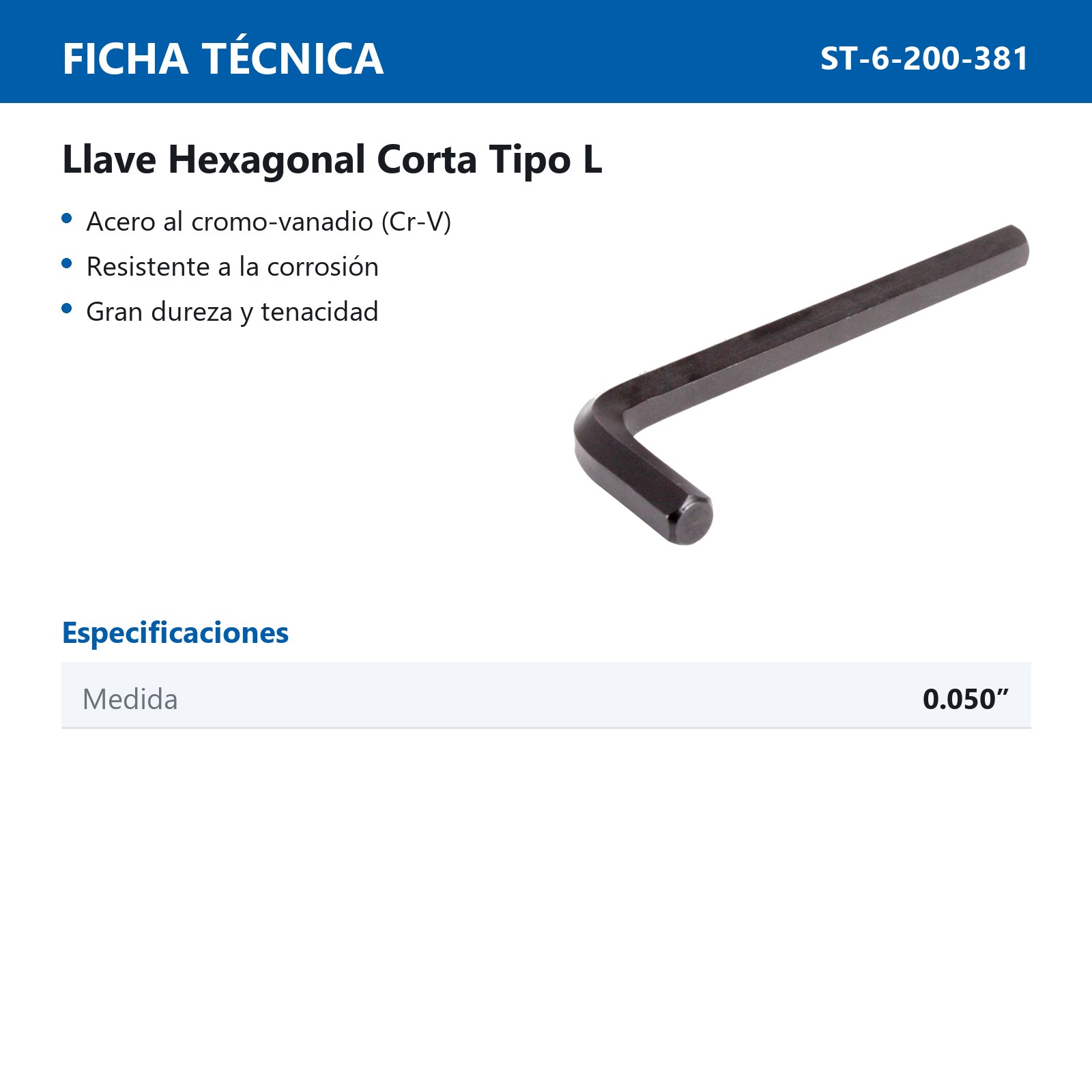 LLAVE HEXAGONAL L CORTA .050" (PRECIO X PZA - EMPAQUE C/100 PZA) - Imagen 3