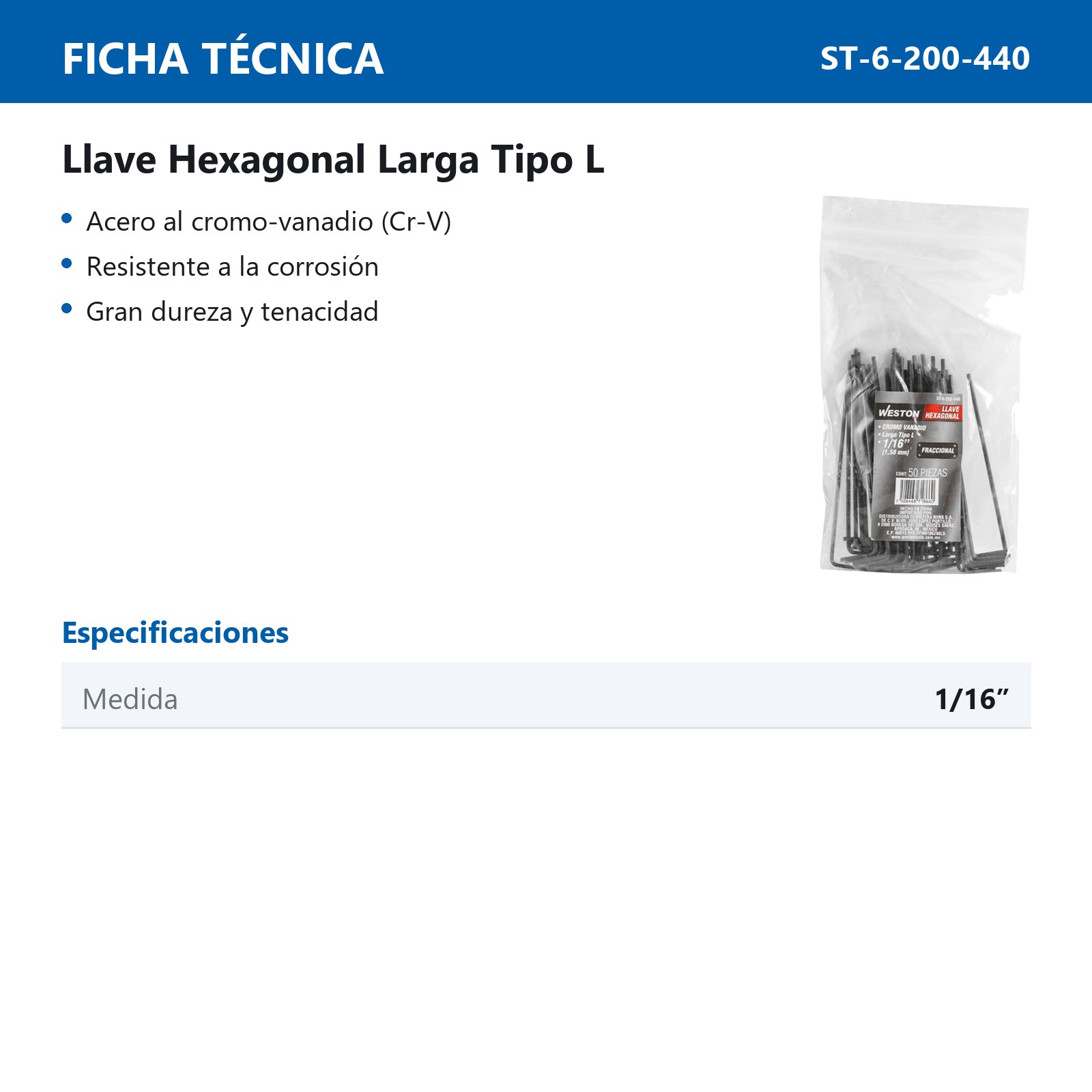 LLAVE HEX, L LARGA 1/16" (PRECIO X PZA - EMPAQUE C/50 PZAS) - Imagen 4