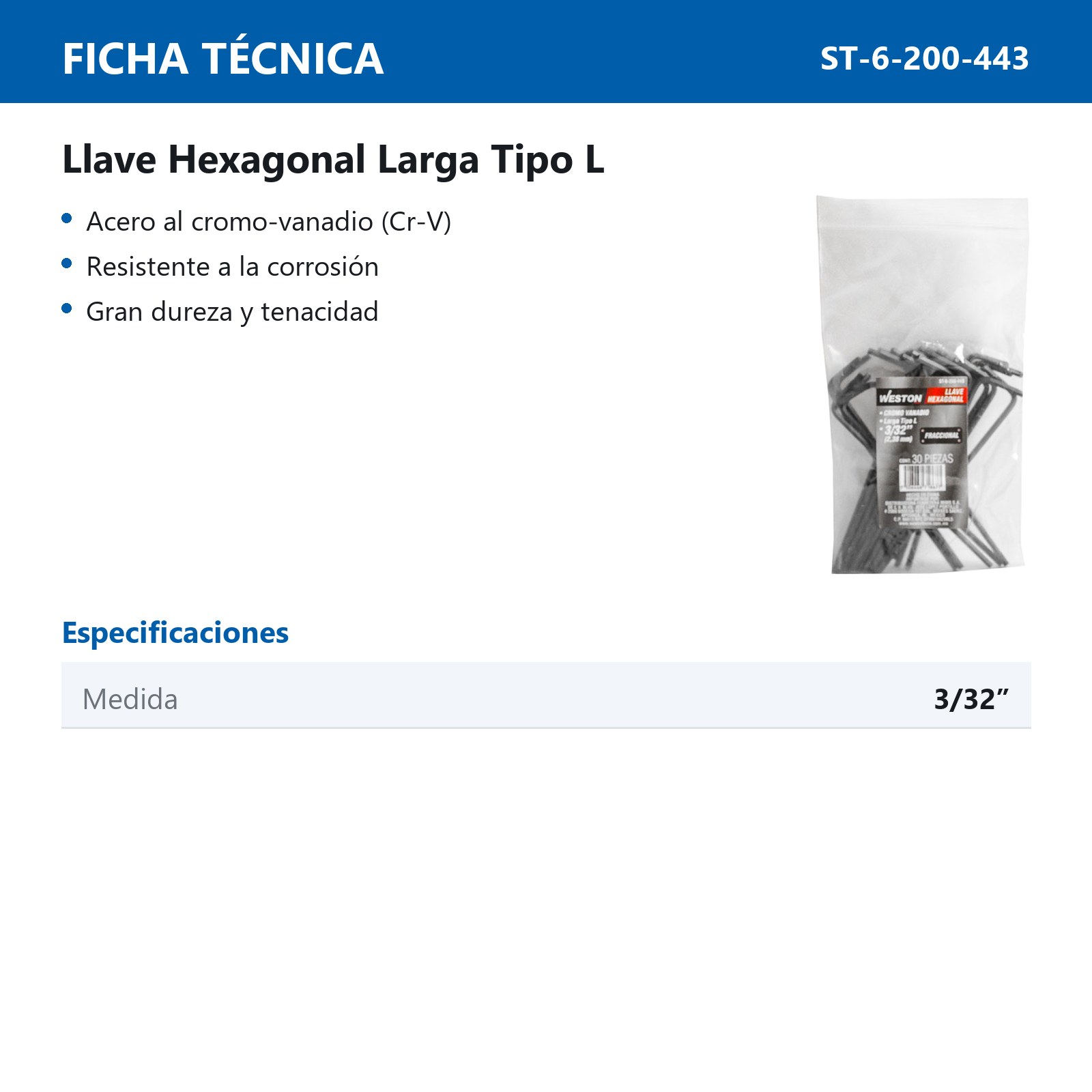 LLAVE HEX, L LARGA 3/32'' (PRECIO X PZA - EMPAQUE C/30 PZAS) - Imagen 4