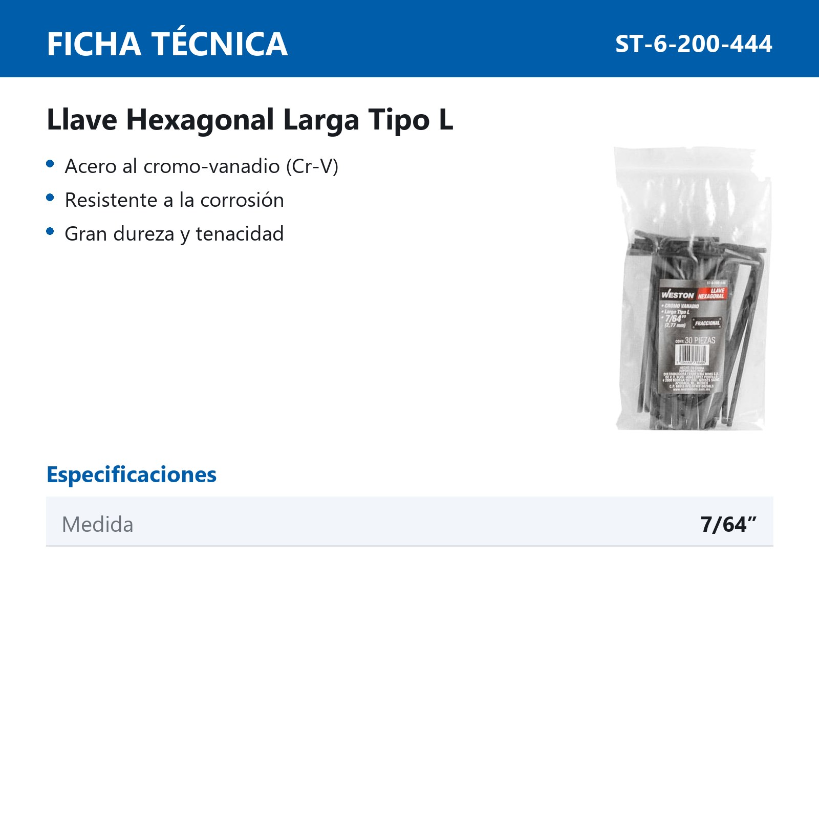 LLAVE HEX, L LARGA 7/64" (PRECIO X PZA - EMPAQUE C/30 PZAS) - Imagen 4