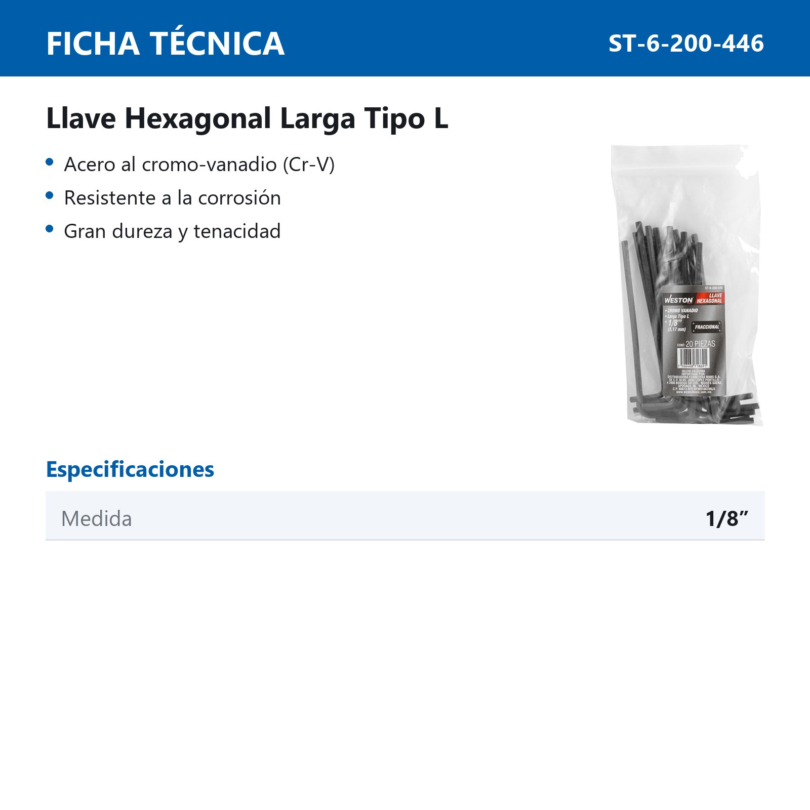 LLAVE HEX, L LARGA 1/8" (PRECIO X PZA - EMPAQUE C/20 PZAS) - Imagen 4