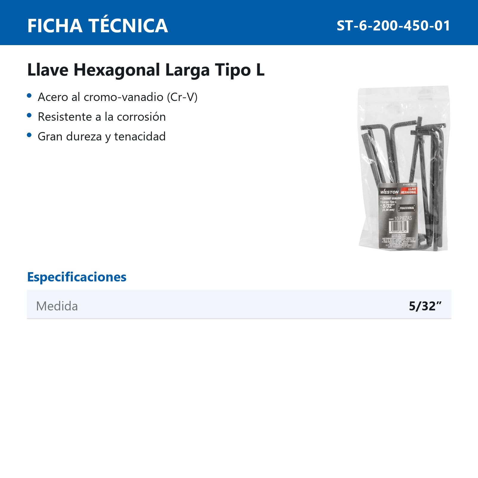 LLAVE HEX, L LARGA 5/32'' (PRECIO X PZA - EMPAQUE C/10 PZAS) - Imagen 4