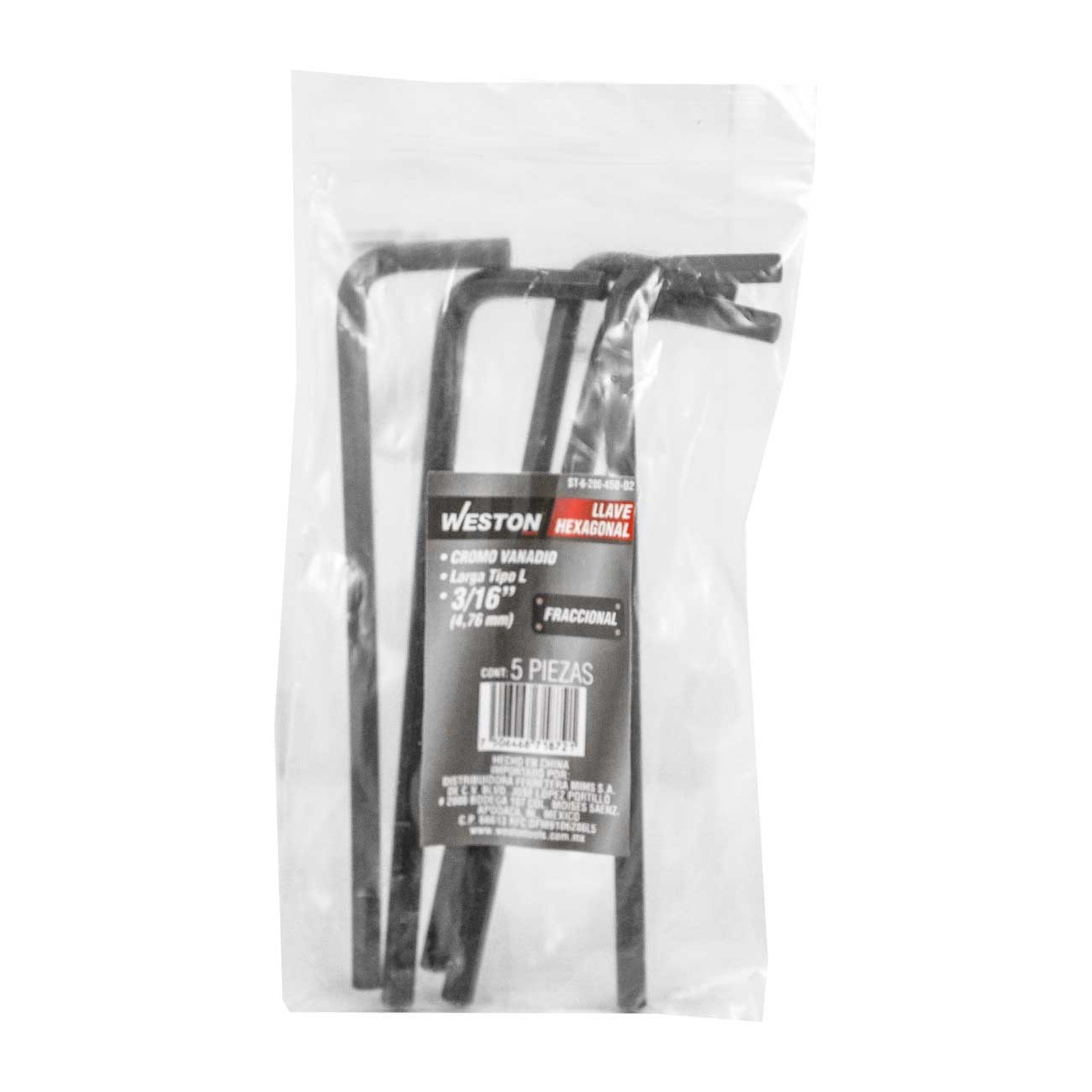 LLAVE HEX, L LARGA 3/16'' (PRECIO X PZA - EMPAQUE C/5 PZAS) - Imagen 2
