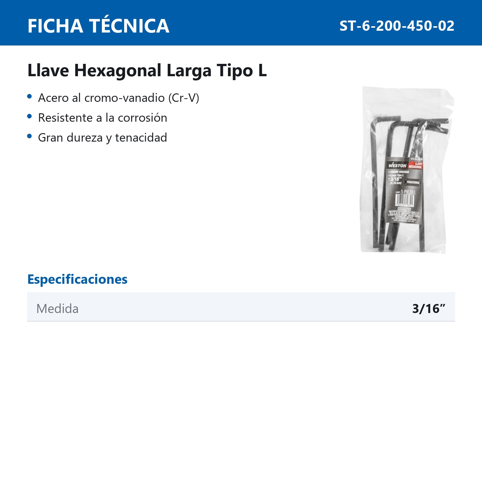 LLAVE HEX, L LARGA 3/16'' (PRECIO X PZA - EMPAQUE C/5 PZAS) - Imagen 4
