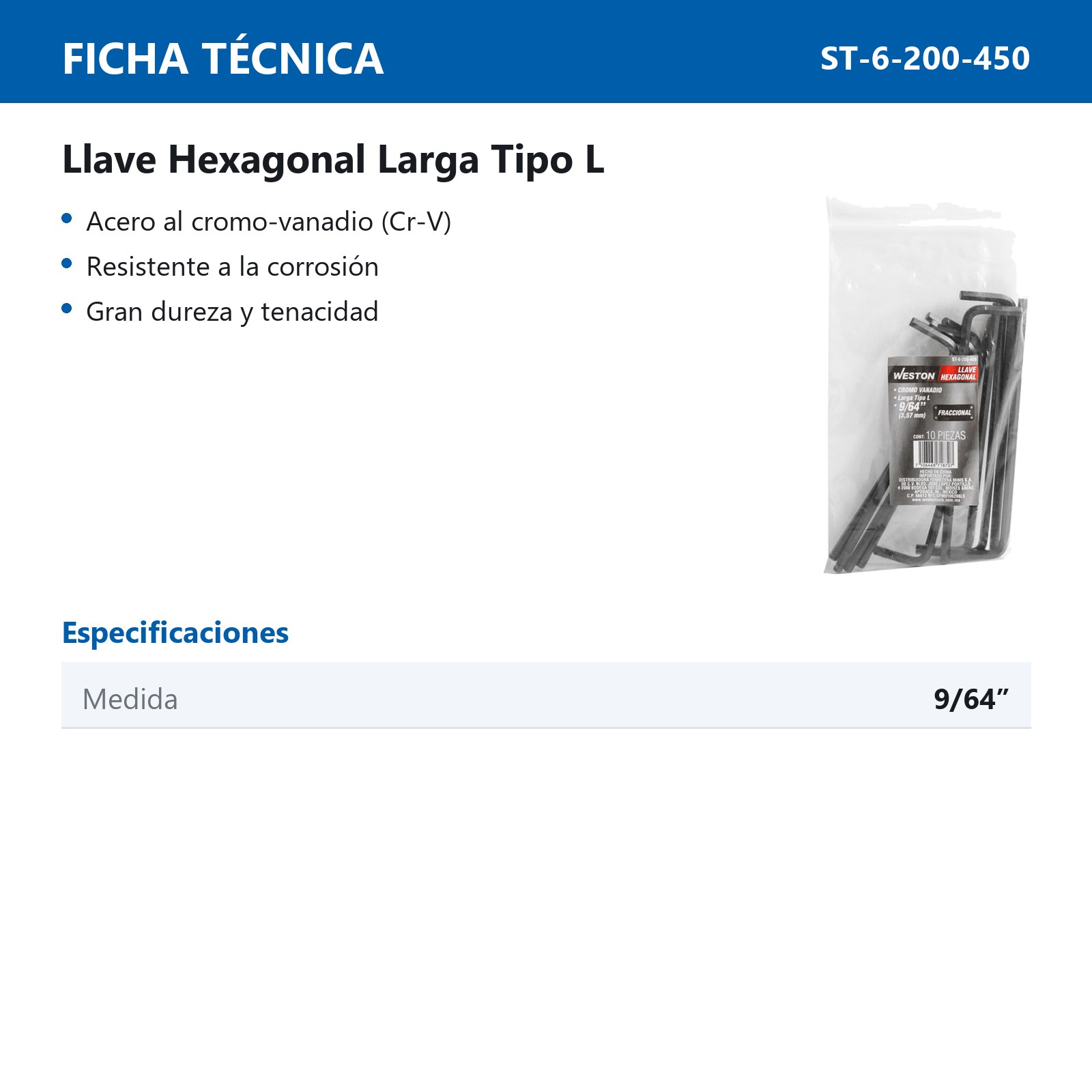 LLAVE HEX, L LARGA 9/64" (PRECIO X PZA - EMPAQUE C/10 PZAS) - Imagen 4