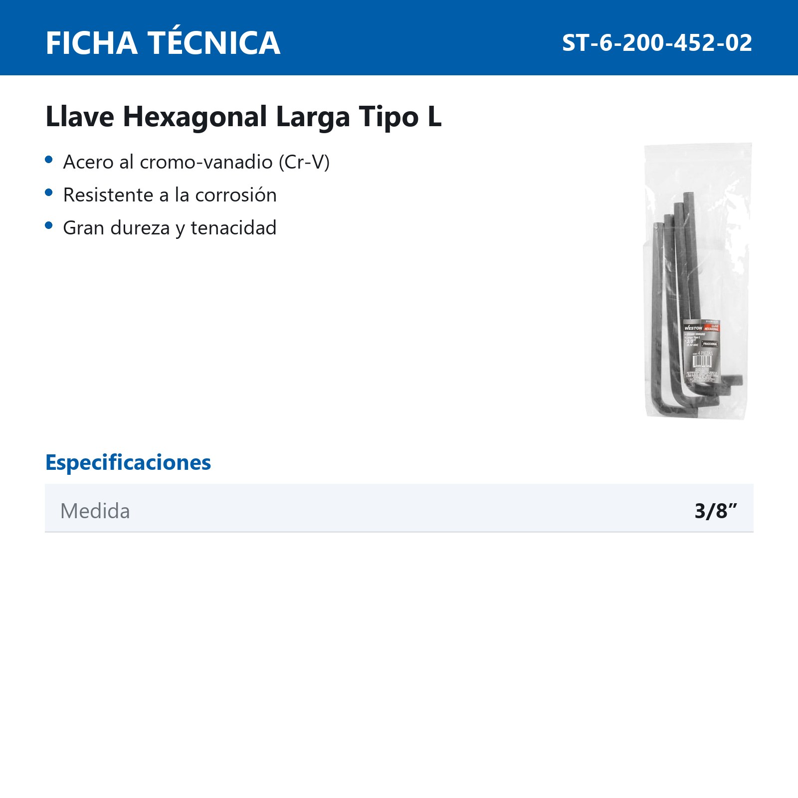LLAVE HEX, L LARGA 3/8'' (PRECIO X PZA - EMPAQUE C/4 PZAS) - Imagen 4