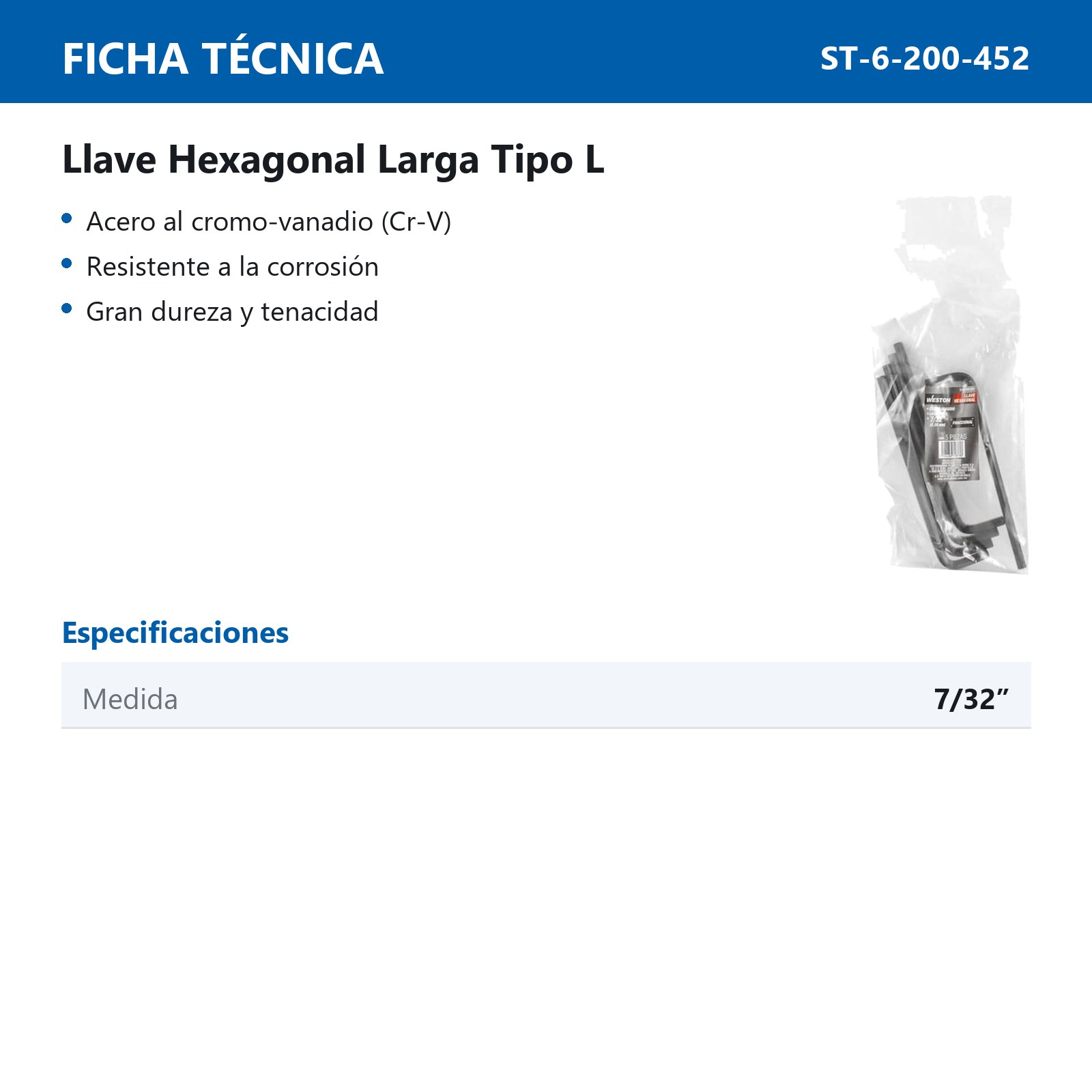 LLAVE HEX, L LARGA 7/32" (PRECIO X PZA - EMPAQUE C/5 PZAS) - Imagen 4
