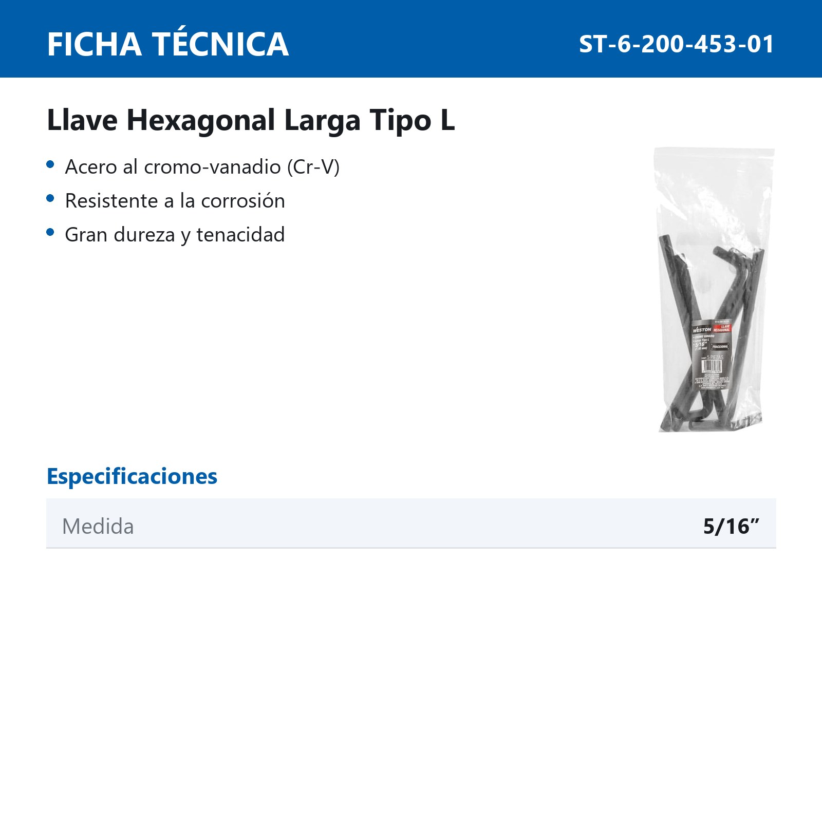 LLAVE HEX, L LARGA 5/16'' (PRECIO X PZA - EMPAQUE C/5 PZAS) - Imagen 4