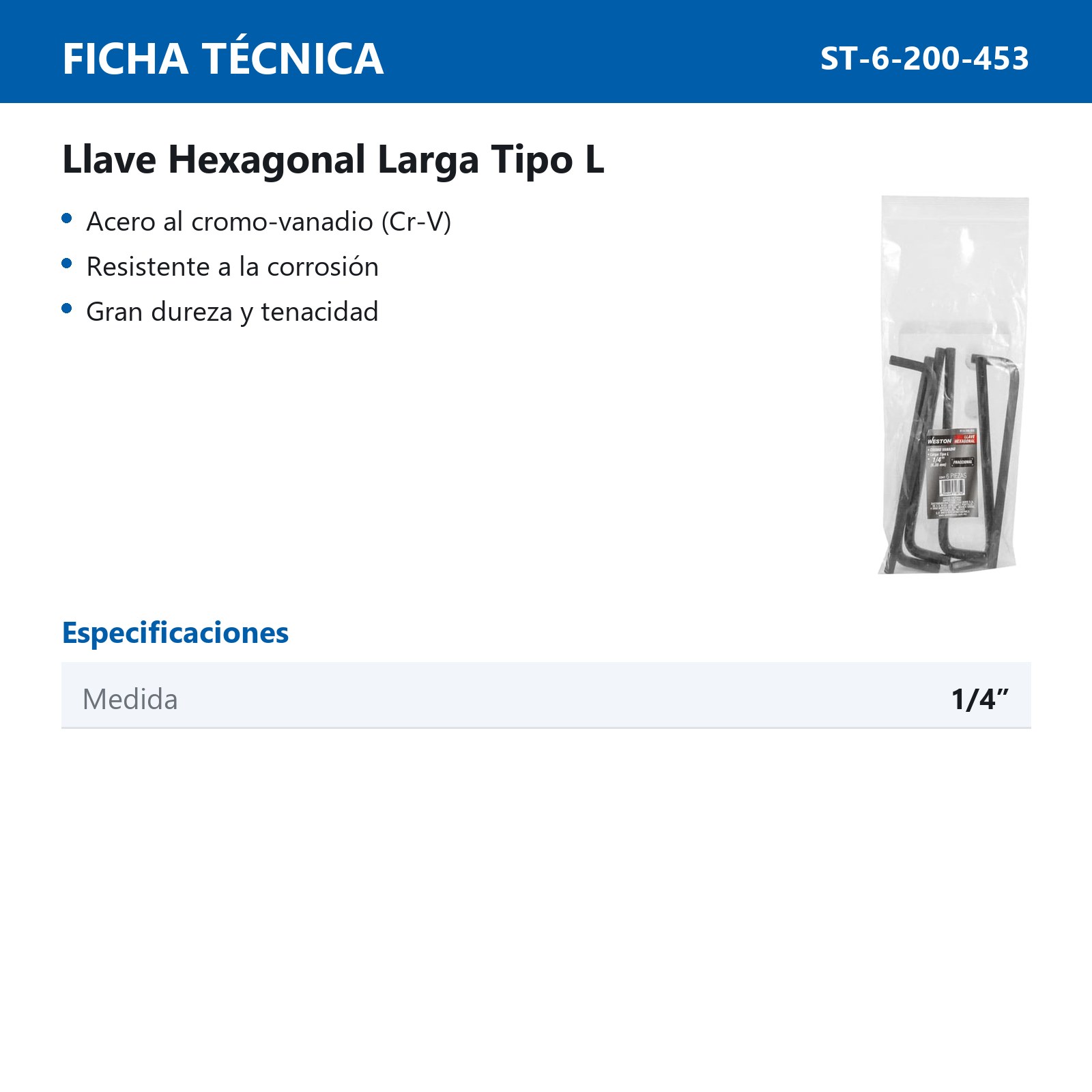 LLAVE HEX, L LARGA 1/4'' (PRECIO X PZA - EMPAQUE C/6 PZAS) - Imagen 4
