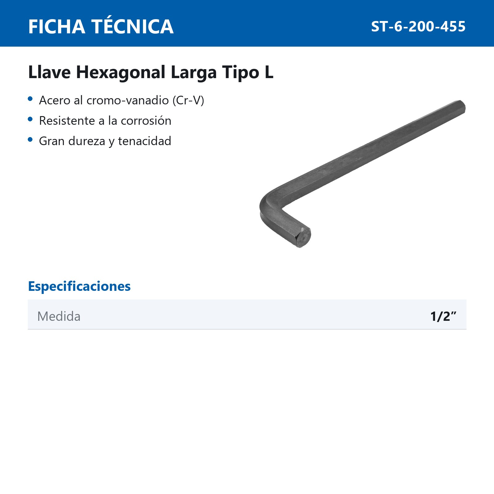 LLAVE HEX, L LARGA 1/2'' (PRECIO X PZA - EMPAQUE C/2 PZAS) - Imagen 4