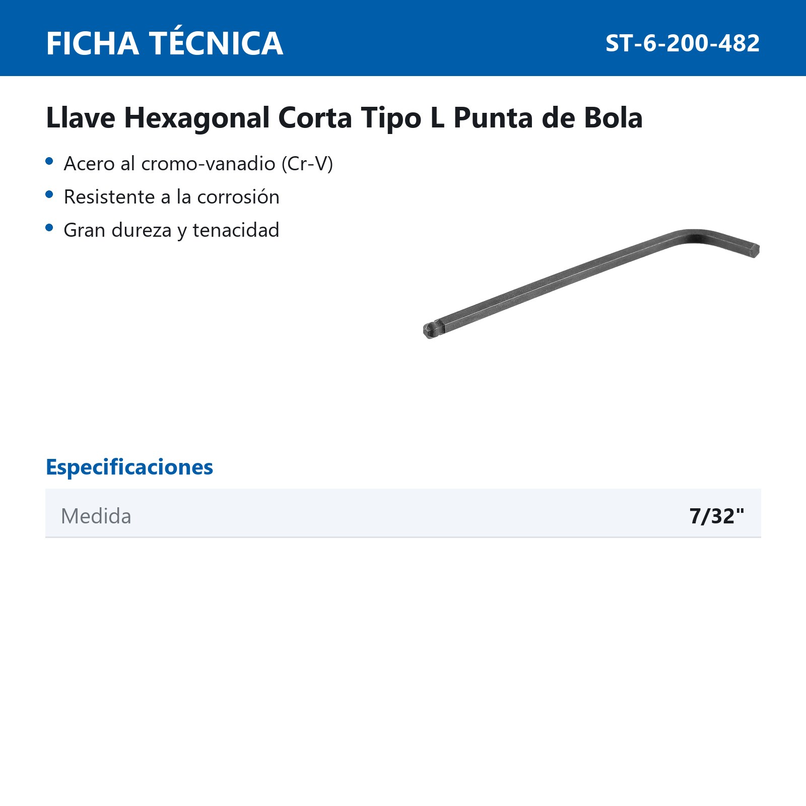LLAVE HEX, L PUNTA DE BOLA 7/32" (Precio x pieza - Empaque c/10 pzas) - Imagen 3