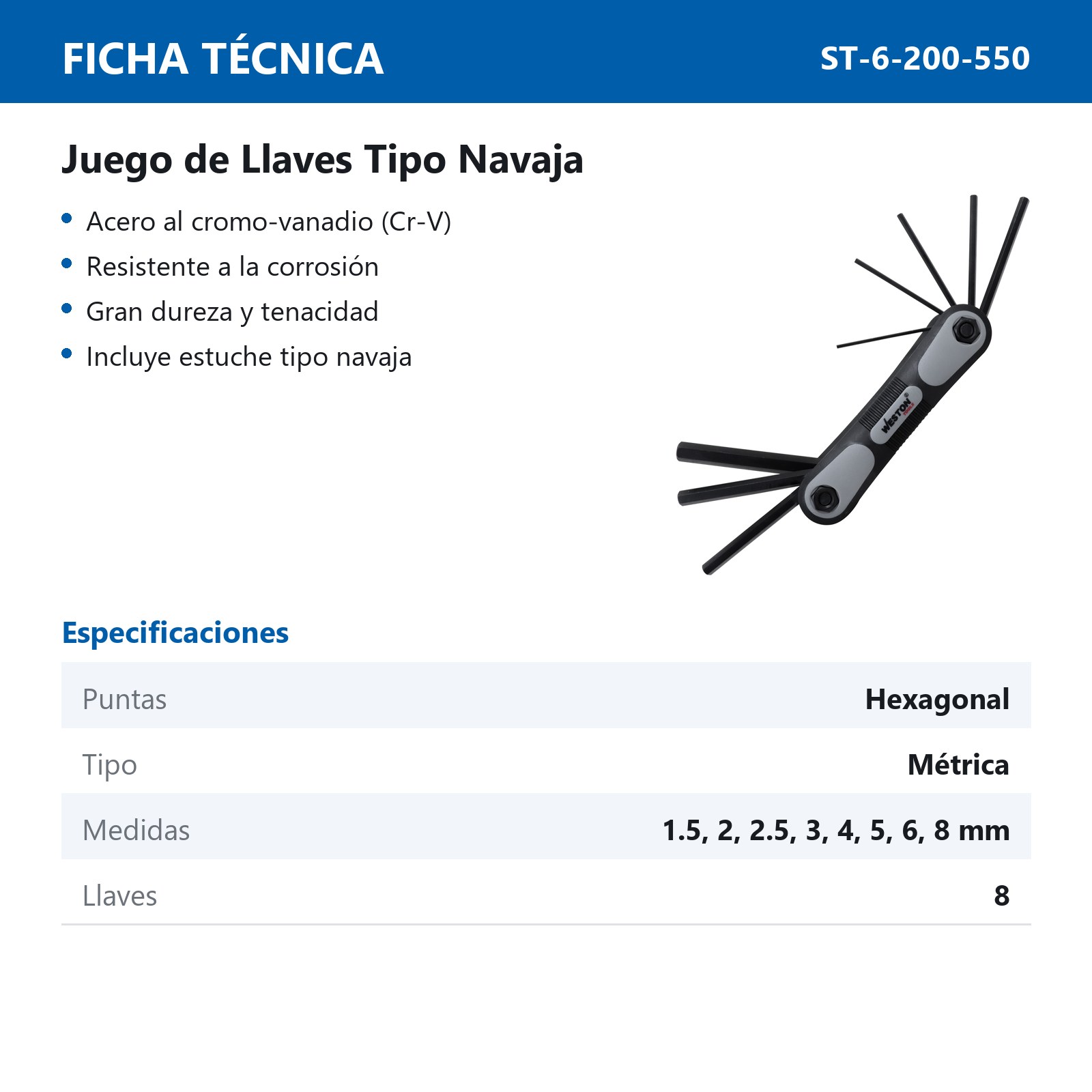 JUEGO 8 LLAVES NAVAJA 1.5-8MM HEX CRV  (PRECIO X PZA - EMPAQUE C/1 PZA) - Imagen 2