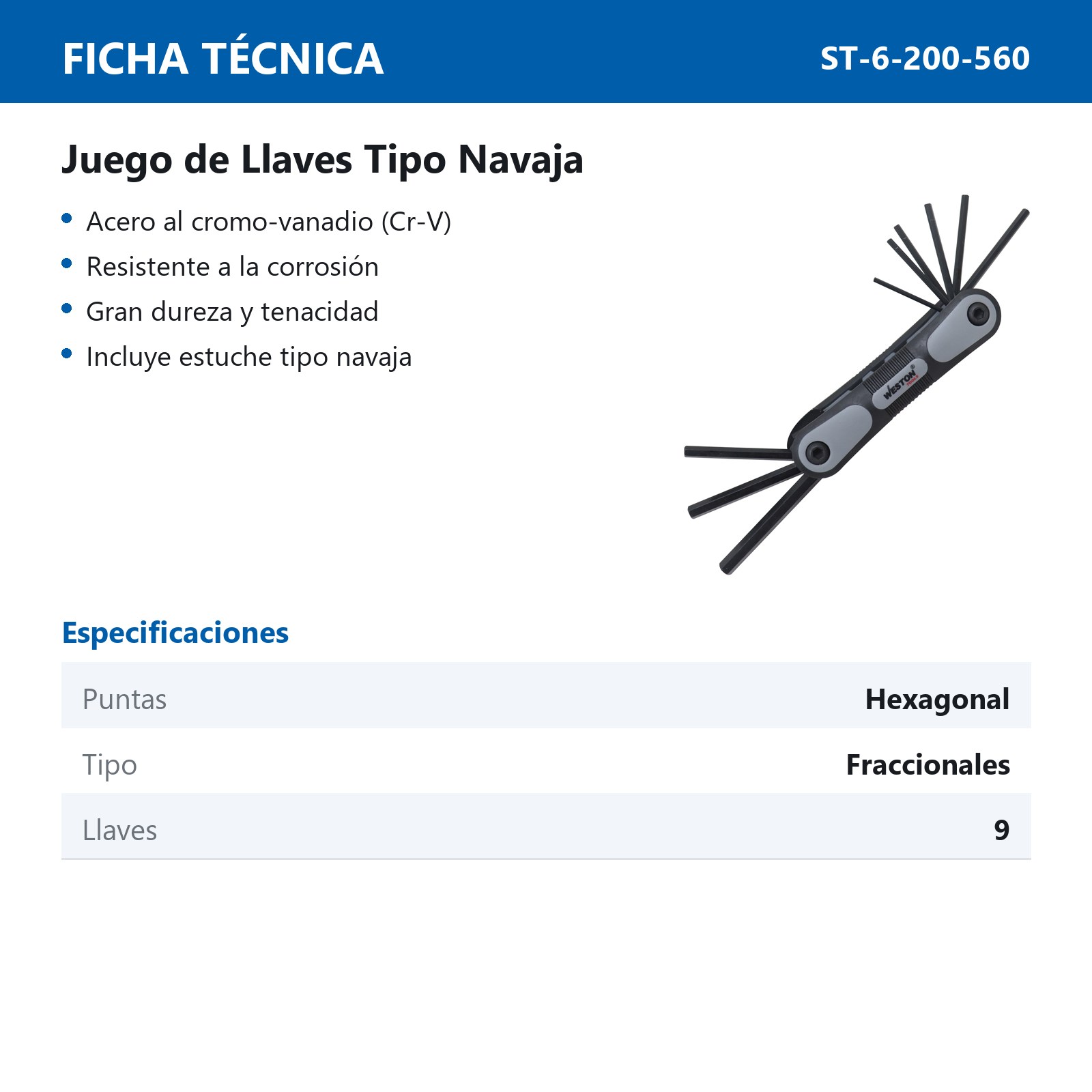 JUEGO 9 LLAVES NAVAJA 5/64"-1/4" HEX CRV  (PRECIO X PZA - EMPAQUE C/1 PZA) - Imagen 3