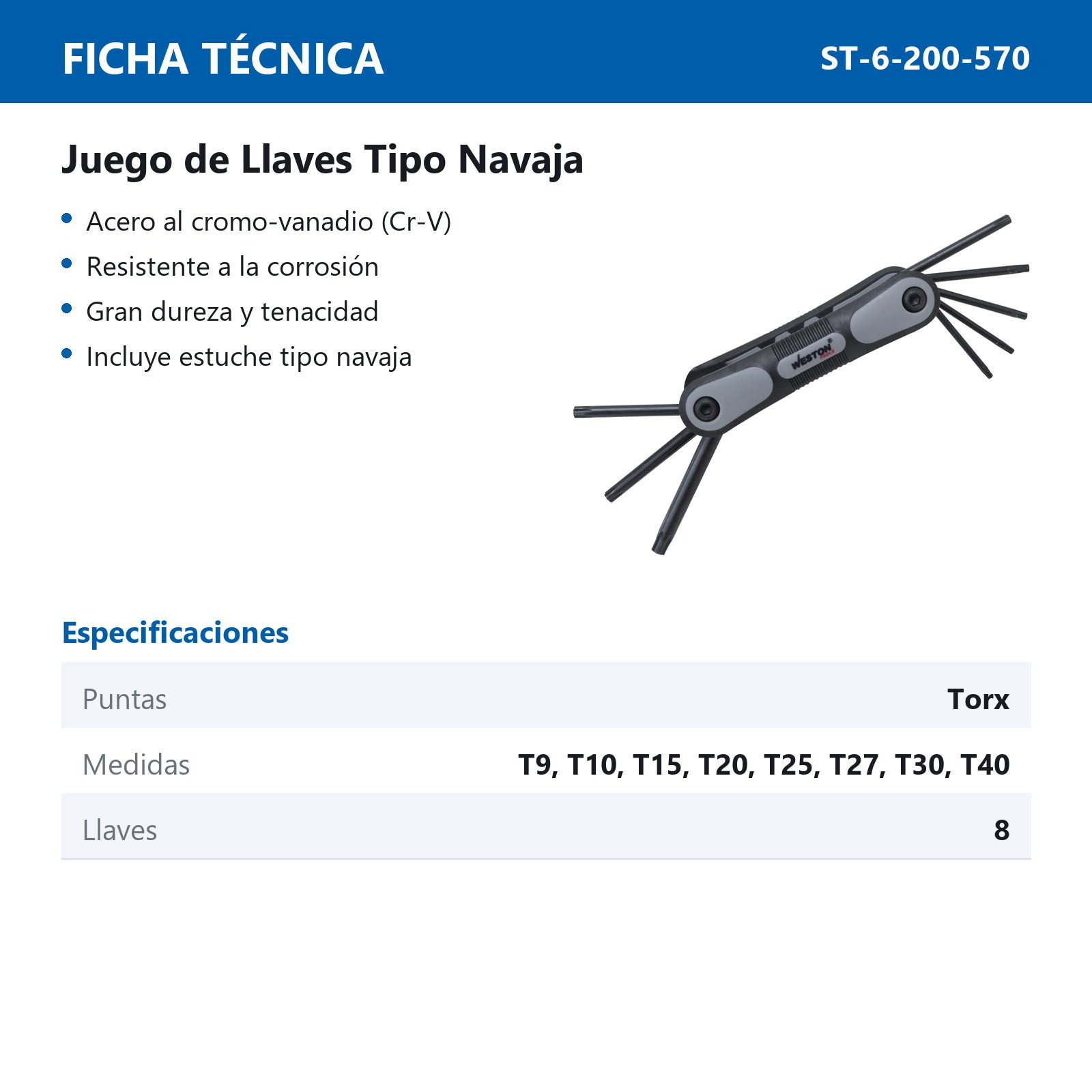 JUEGO 8 LLAVES NAVAJA T9-T40 HEX CRV  (PRECIO X PZA - EMPAQUE C/1 PZA) - Imagen 4