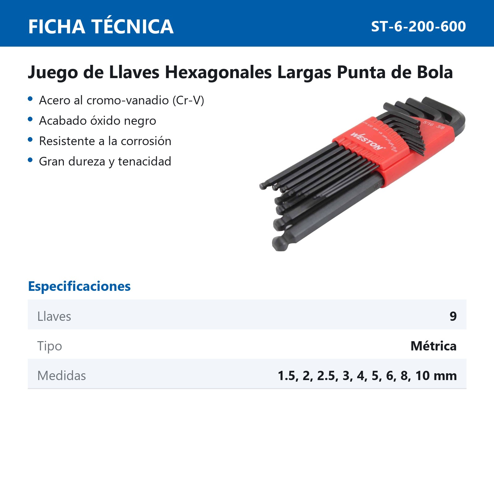 JUEGO 9 LLAVES LARGAS PUNTA DE BOLA 1.5-10MM HEX CRV - Imagen 2