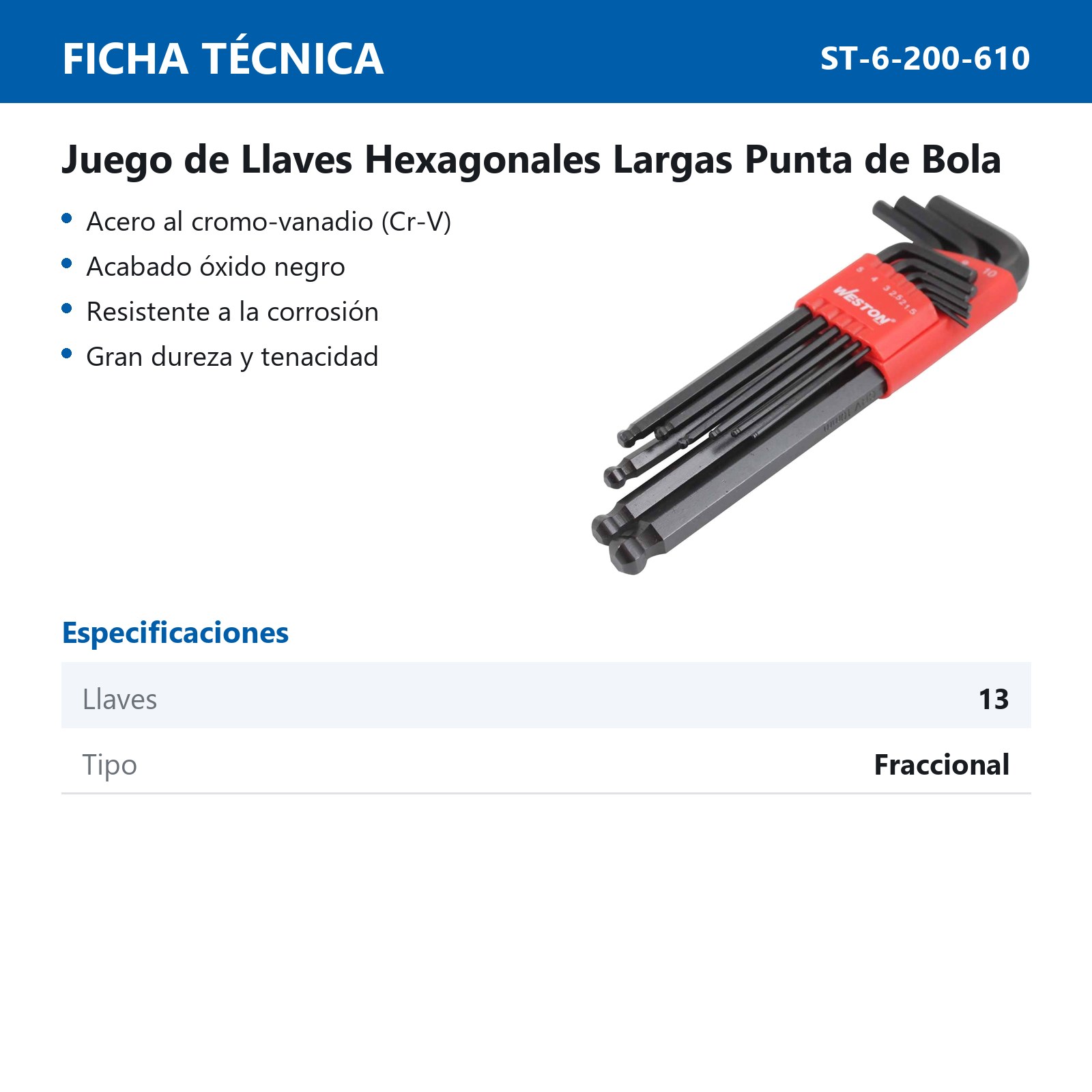 JUEGO 13 LLAVES LARGAS PUNTA DE BOLA .05-3/8" HEX CRV - Imagen 2
