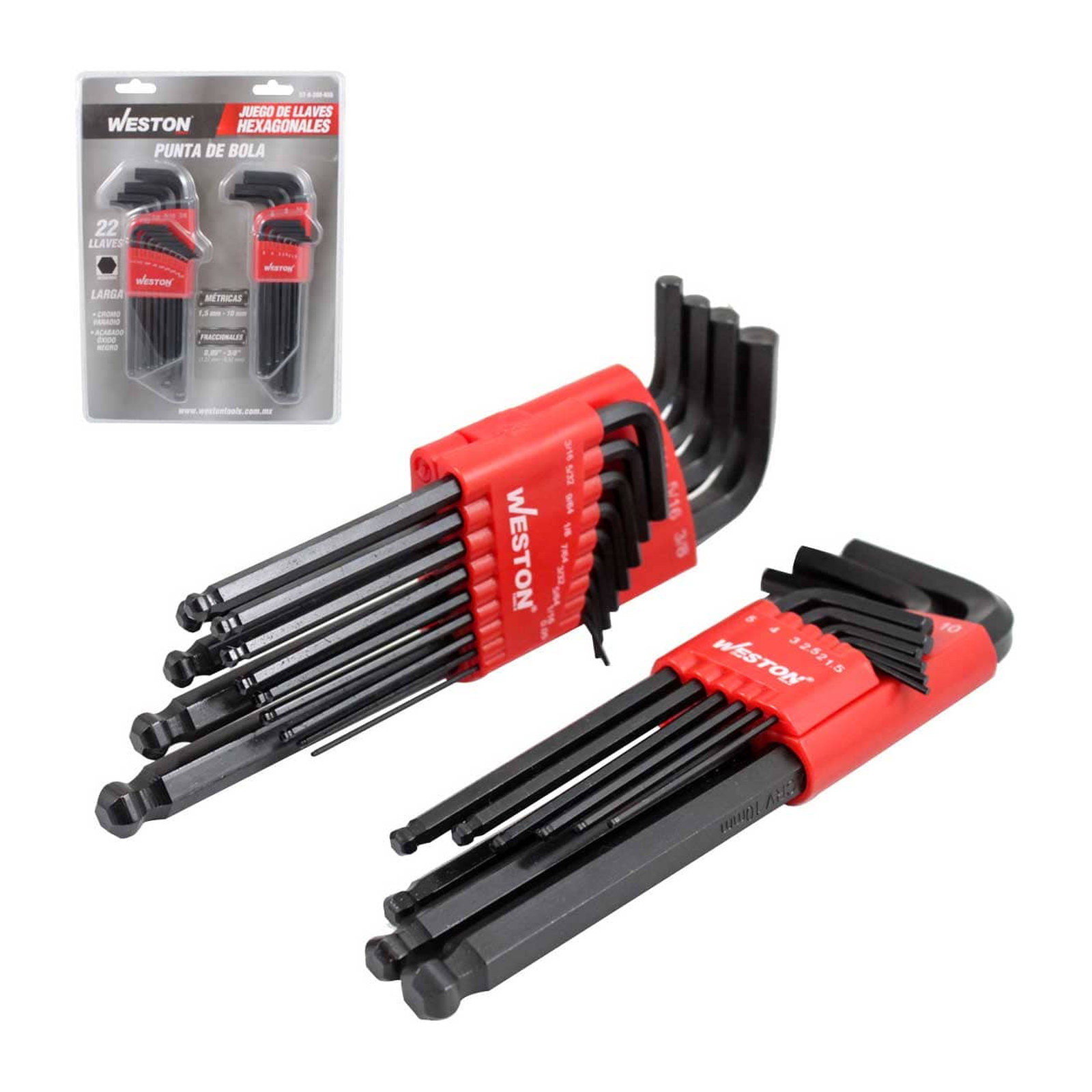 Juego de 22 Llaves Hexagonales Largas Mixtas con Punta de Bola CrV 1.5-10 mm / 0.05"-3/8" Weston
