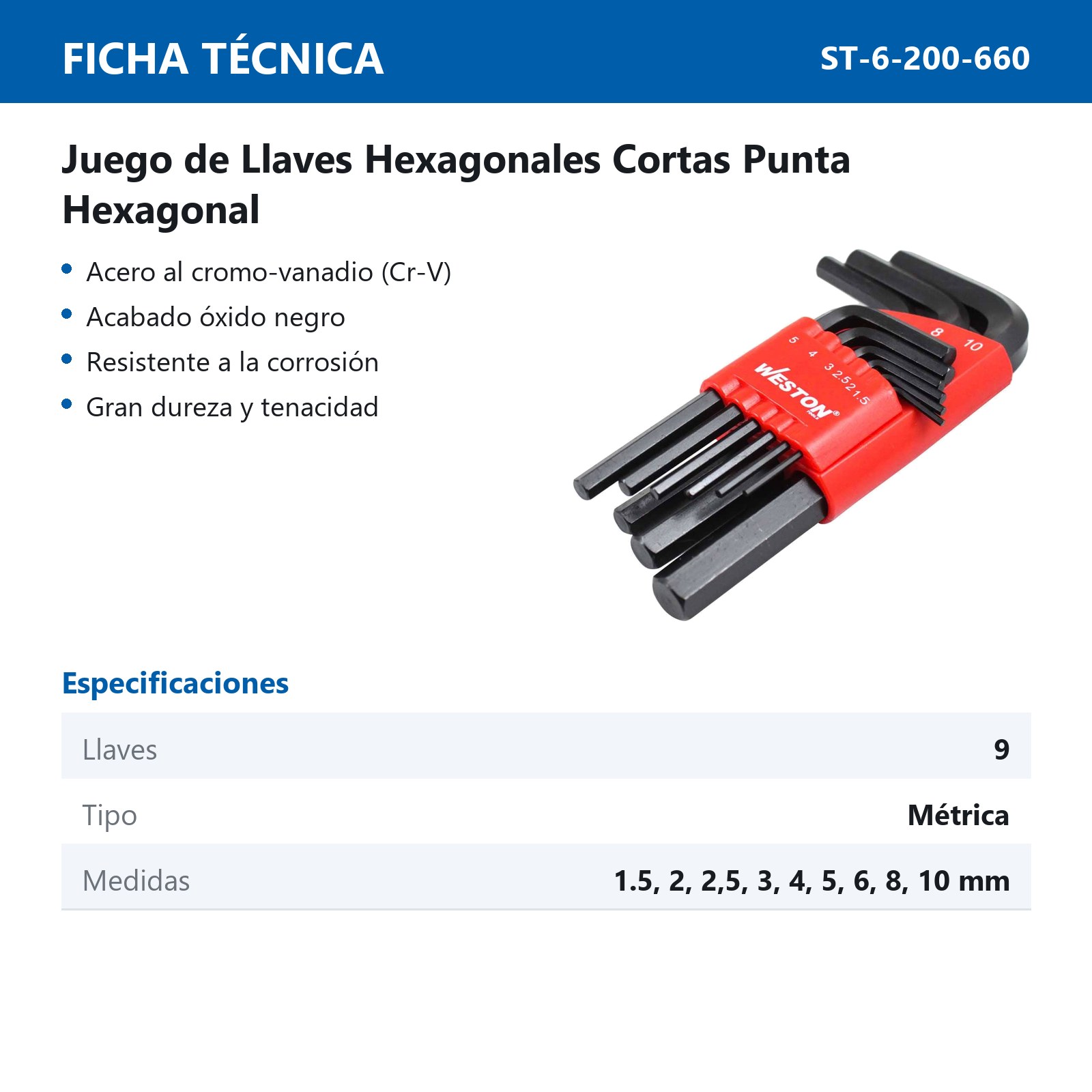 JUEGO DE 9 LLAVES HEX CORTAS METRICO 1.5-10MM CRV - Imagen 2