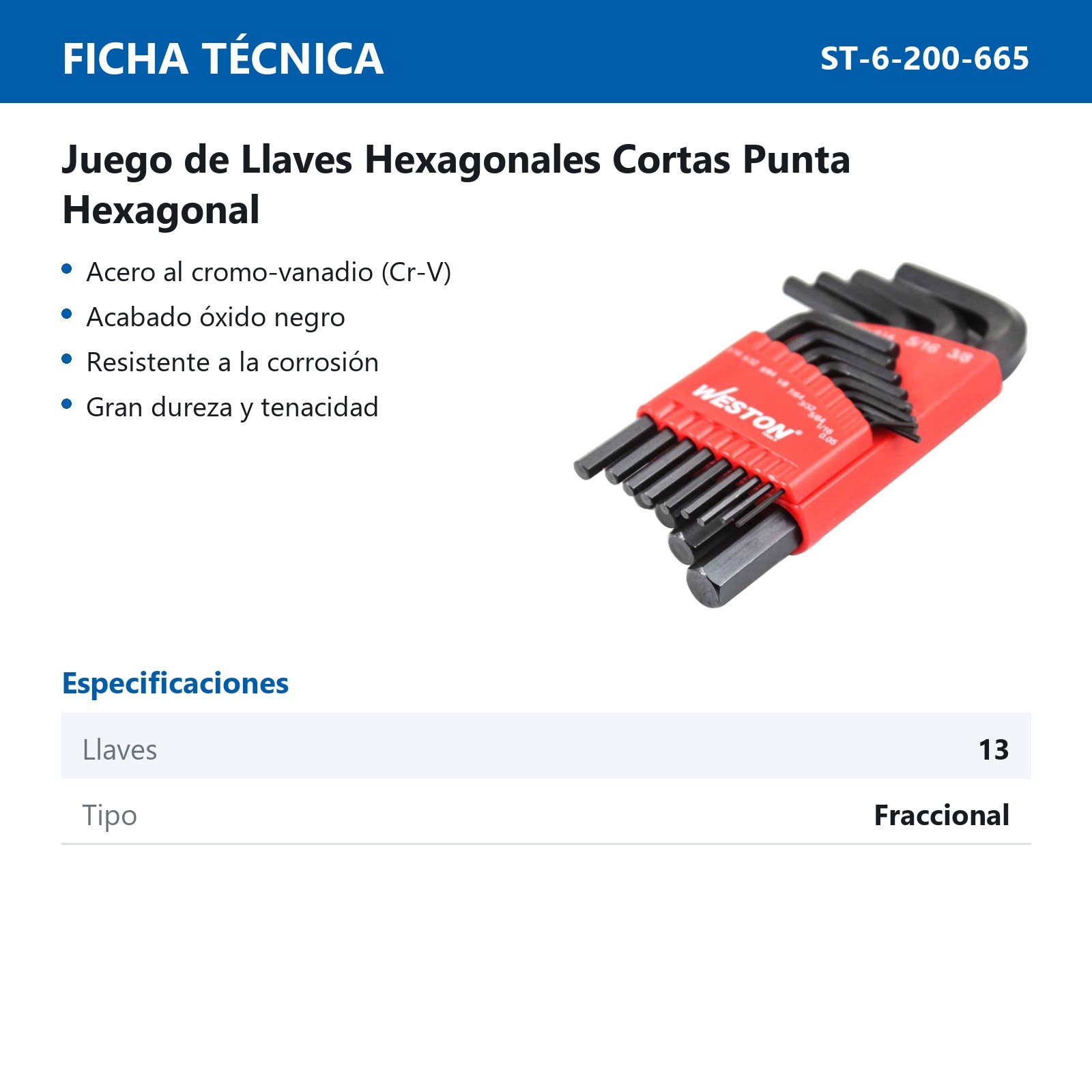 JUEGO DE 13 LLAVES CORTAS HEX STD. 0.05''-3/8'' CRV - Imagen 2