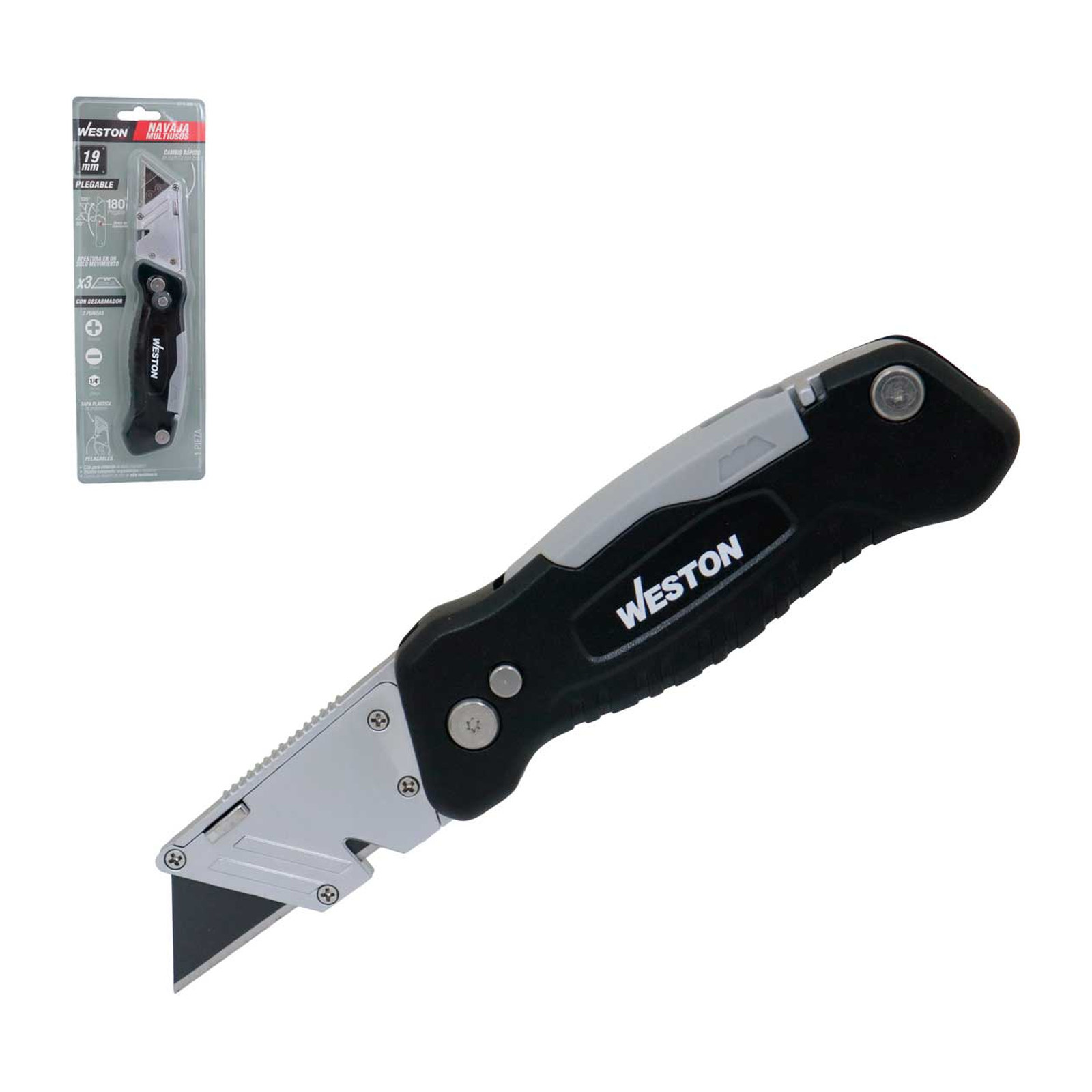 NAVAJA MULTIUSOS PLEGABLE CON DESARMADOR DE APERTURA RAPIDA 19X60MM