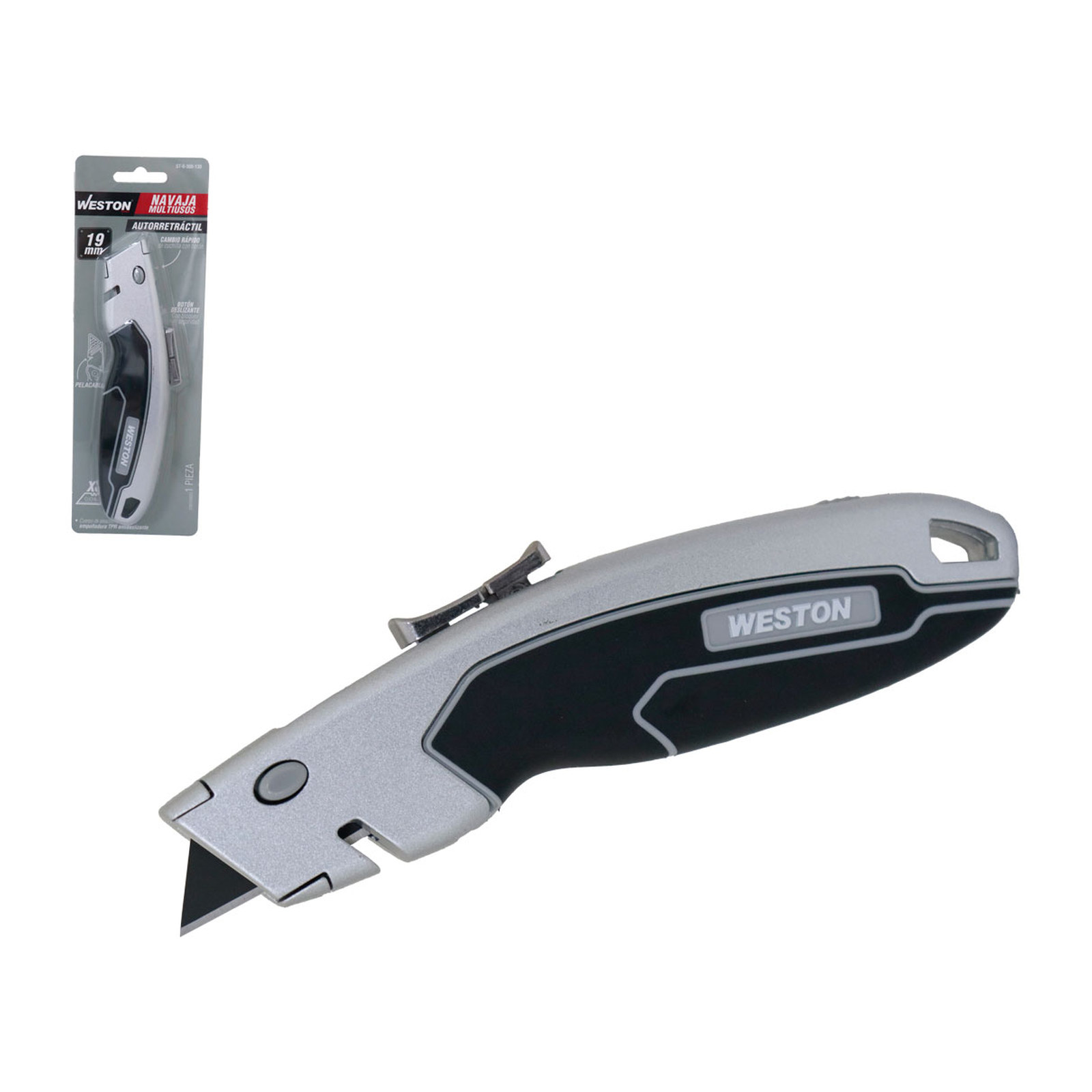 NAVAJA MULTIUSOS RETRACTIL CON RECUBRIMIENTO TPR Y BOTON DE SEGURIDAD USO PESADO 19X60MM