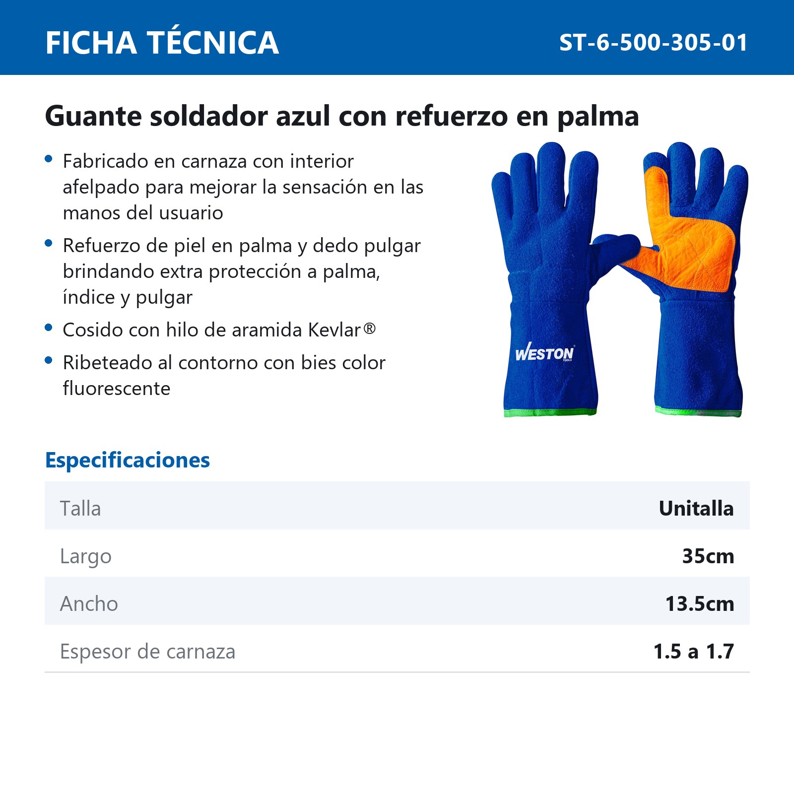 GUANTE SOLDADOR AZUL C/ REFUERZO DE PIEL EN PALMA (Precio x par - Empaque c/25 pares) - Imagen 4