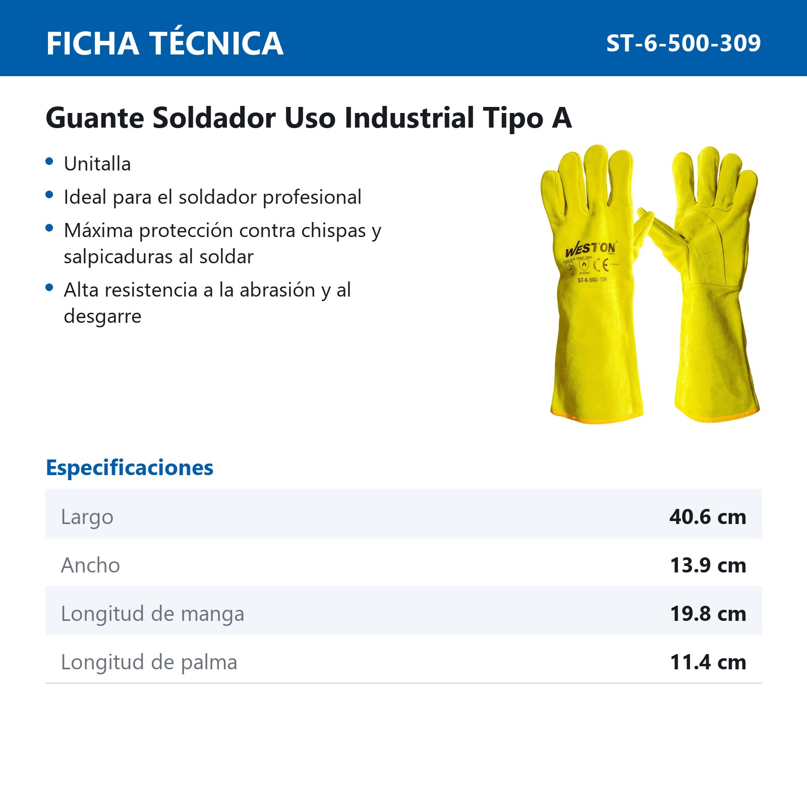 GUANTE SOLDADOR AMARILLO C/ REF. EN PALMA, USO INDUSTRIAL TIPO A 16" - Imagen 4
