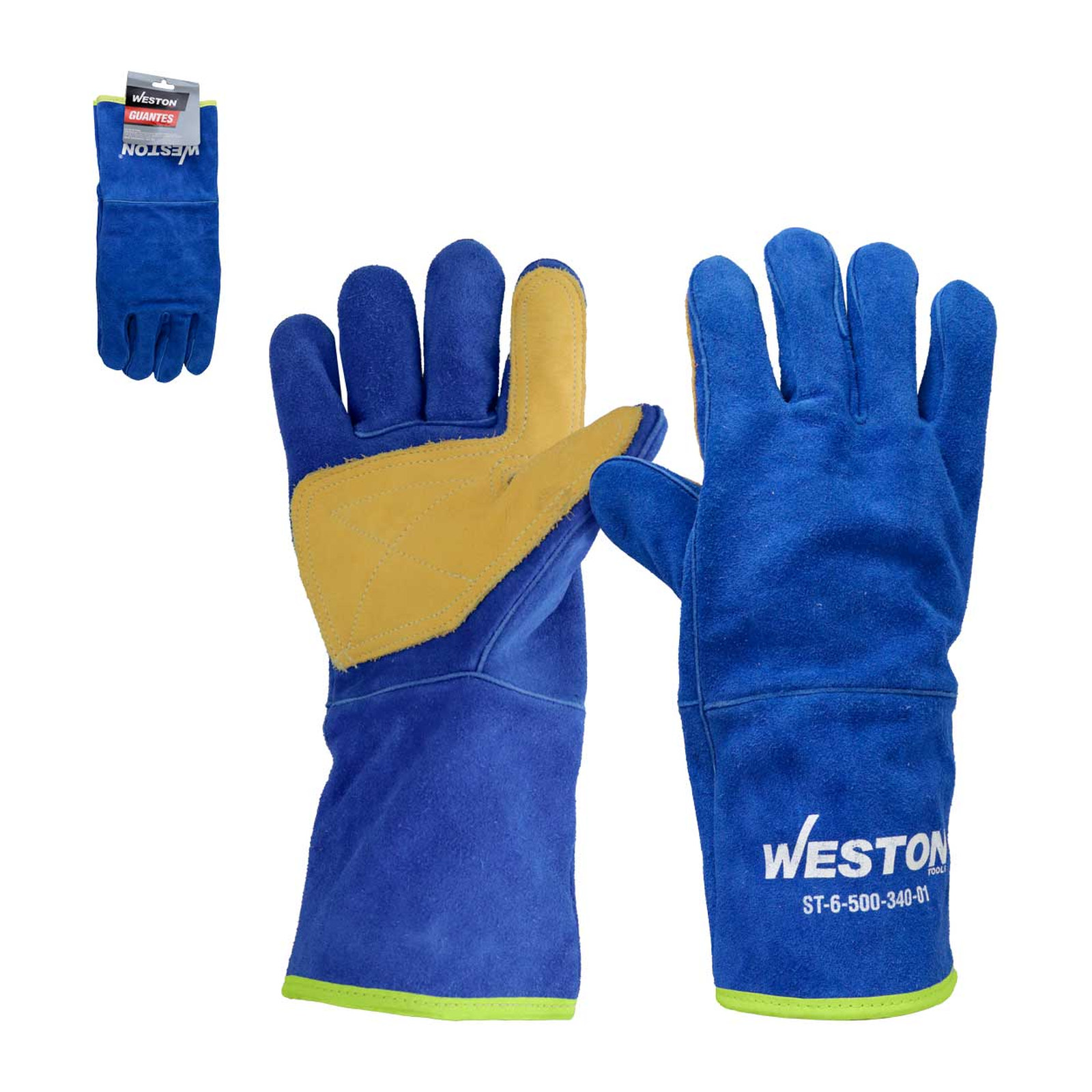 GUANTE SOLDADOR DE CARNAZA AZUL C/REFUERZO DE PIEL EN PALMA Y PULGAR USO INDUSTRIAL 13"